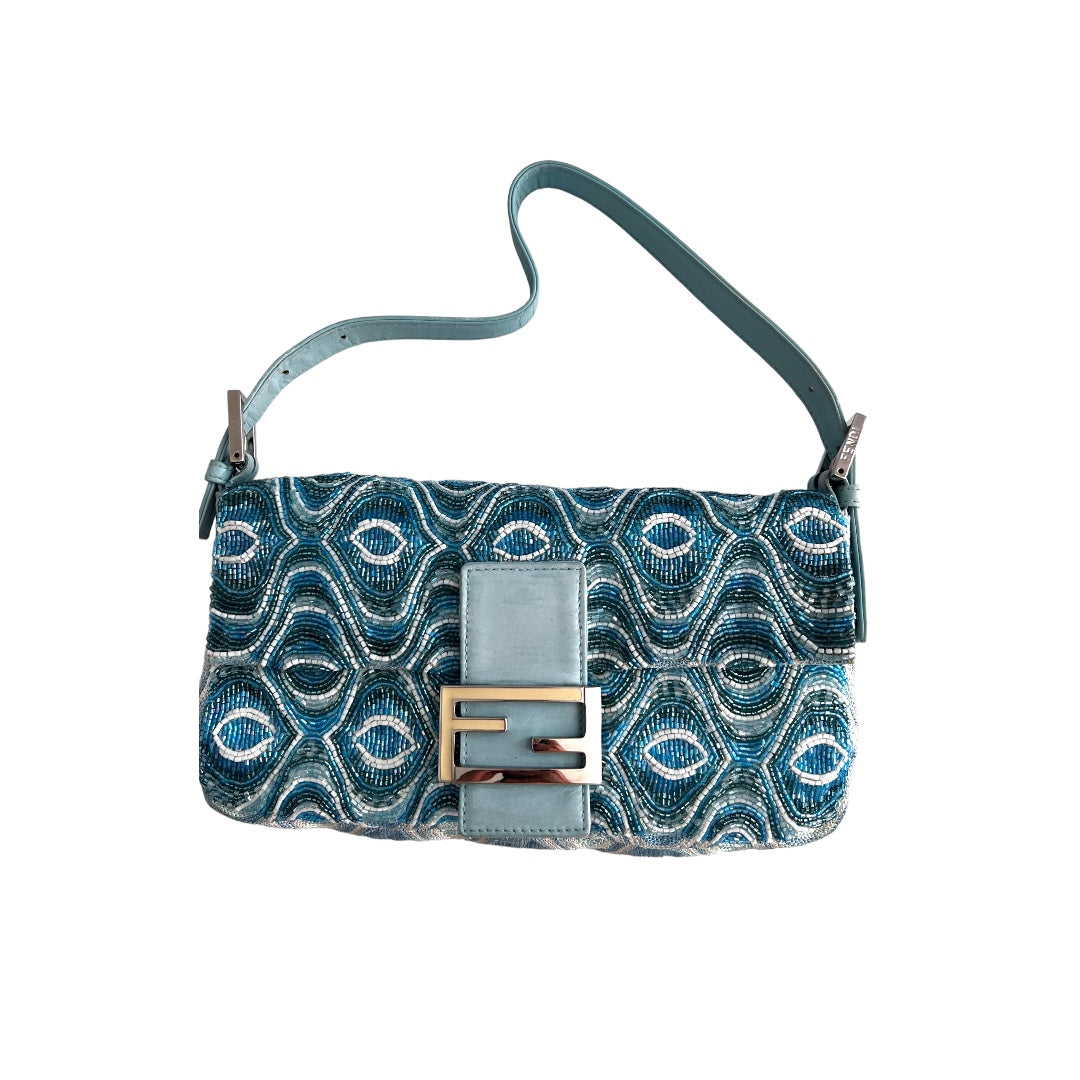Fendi Light Blue Wave Pattern Beaded Baguette Bag - Luxury Designer Crossbody Purse for Women, Perfect for Parties, Weddings & Evening Events