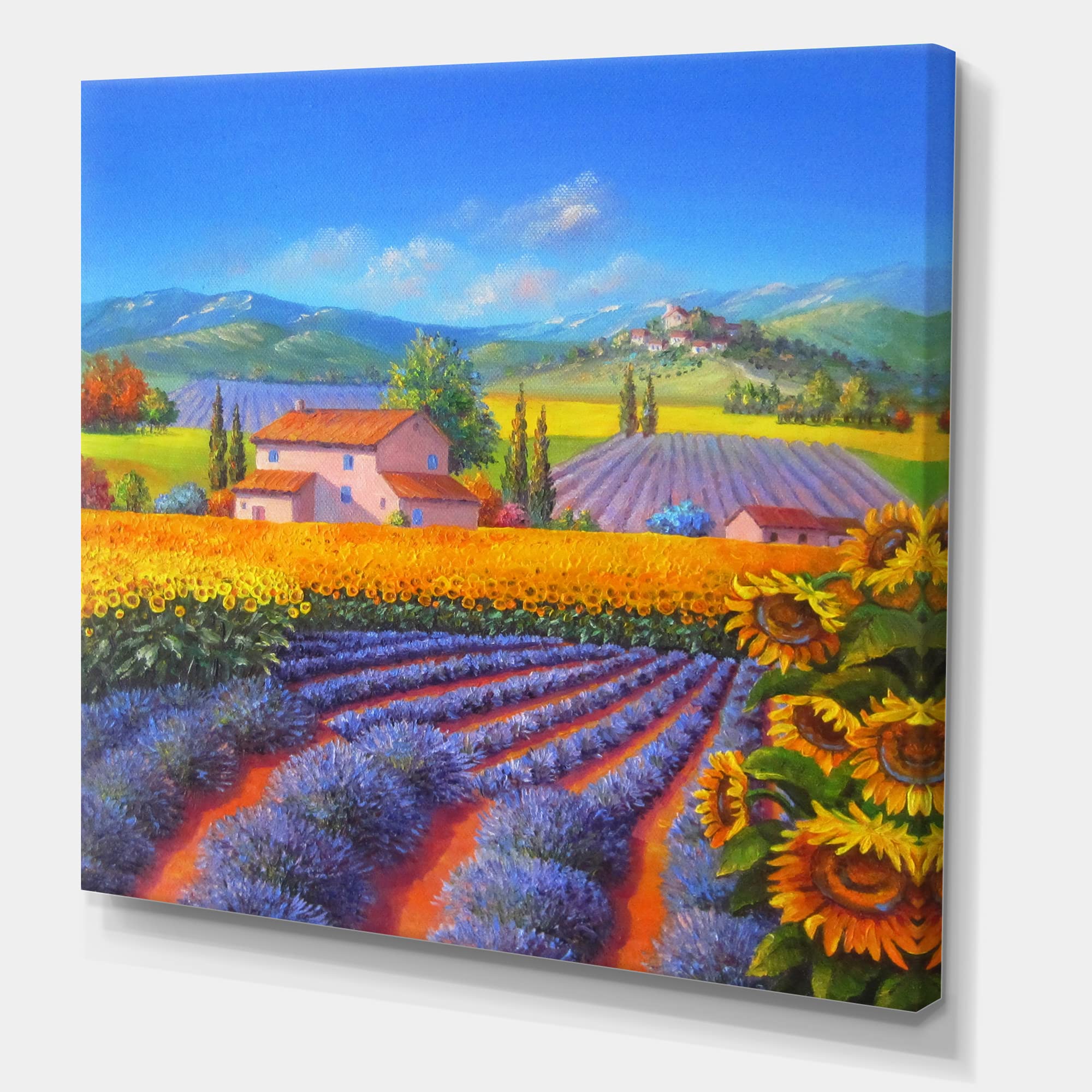 DesignQ Lavender and Sunflower Fields Traditional Canvas Wall Art - 30x30 Inches Yellow Floral Painting - Perfect for Living Room, Bedroom & Office Decor