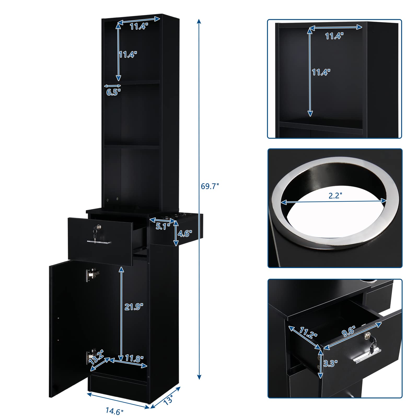 OmySalon Professional Hair Styling Station - 3-Tier Storage Shelf, Large Cabinet & Hair Dryer Holders - Black | Barber Salon Equipment for Stylists & Hairdressers | Perfect for Salon, Home & Mobile Hair Services