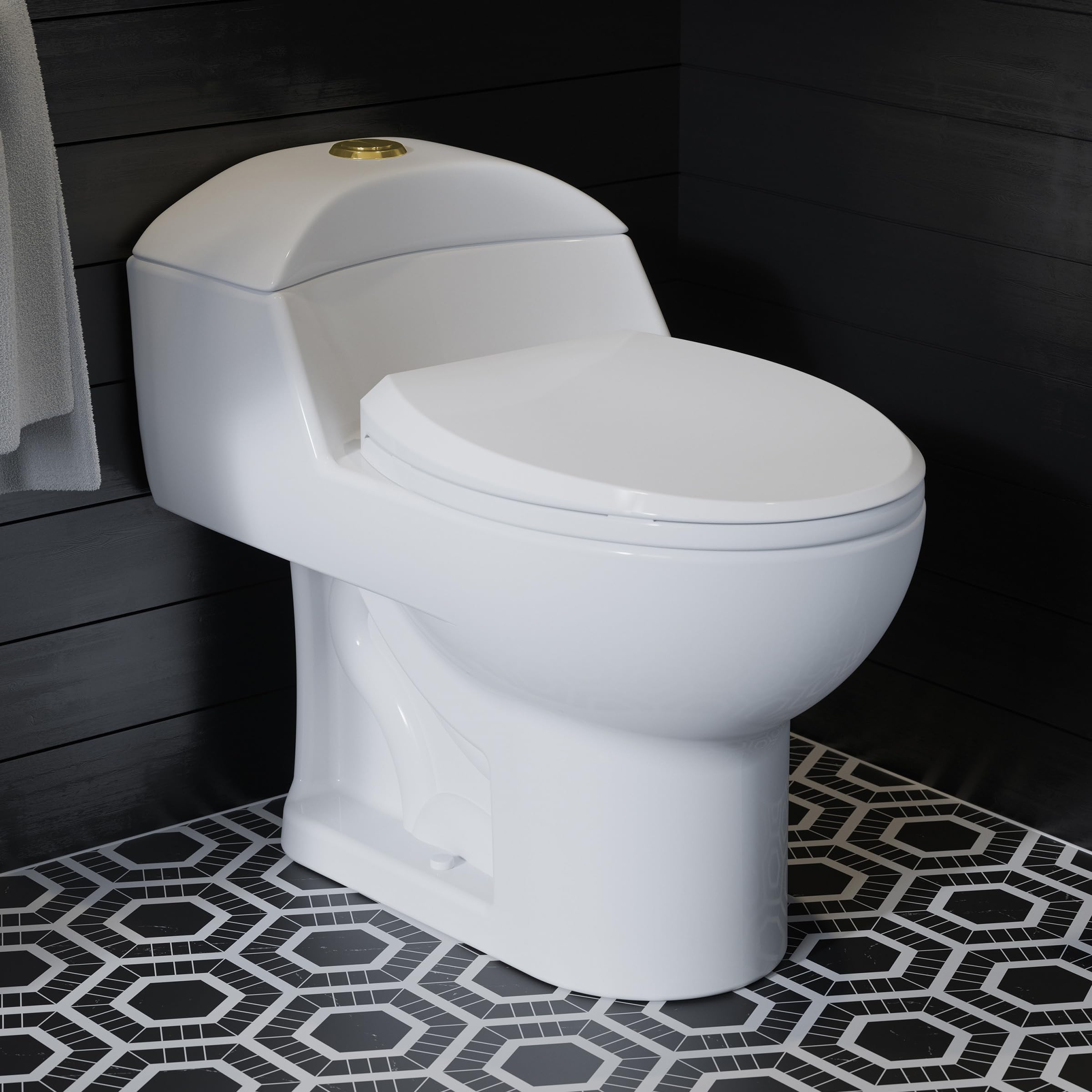 Luxury Chateau One Piece Elongated Toilet with Dual Flush System (1.1/1.6 GPF) & Brushed Gold Hardware - Modern Water-Saving Bathroom Upgrade for Homes & Hotels