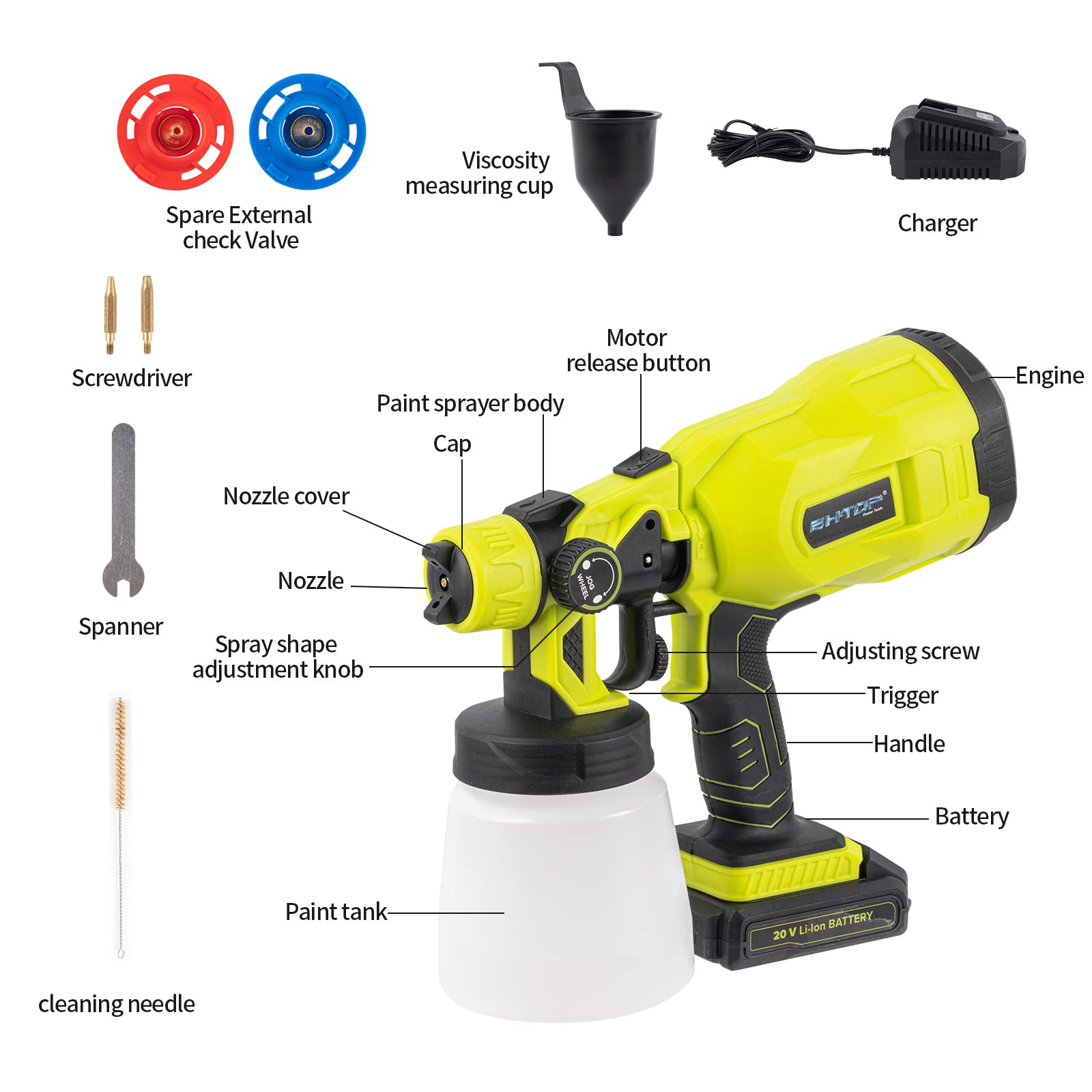 BHTOP 20V Cordless HVLP Paint Sprayer Gun with 3 Spray Patterns & Nozzles, 2000mAh Battery & Fast Charger - Perfect for Cars, Decks, Fences, Furniture Painting - Indoor & Outdoor DIY Projects & Professional Use