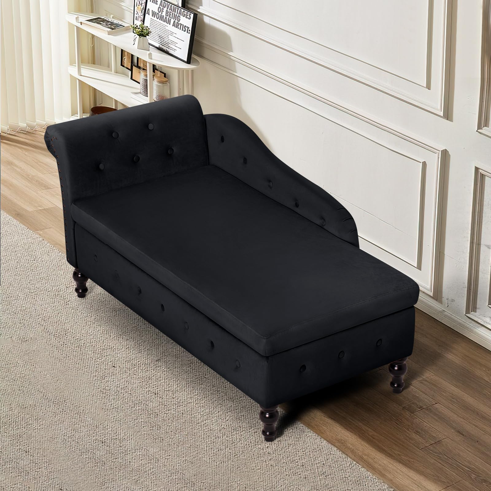 Luxury Velvet Upholstered Chaise Lounge with Left Armrest & Lumbar Support - Button Tufted Modern Lounge Sofa with Storage - Comfortable Living Room, Bedroom & Office Lounge Chair (Black) - Perfect for Relaxing, Reading & Small Space Decor