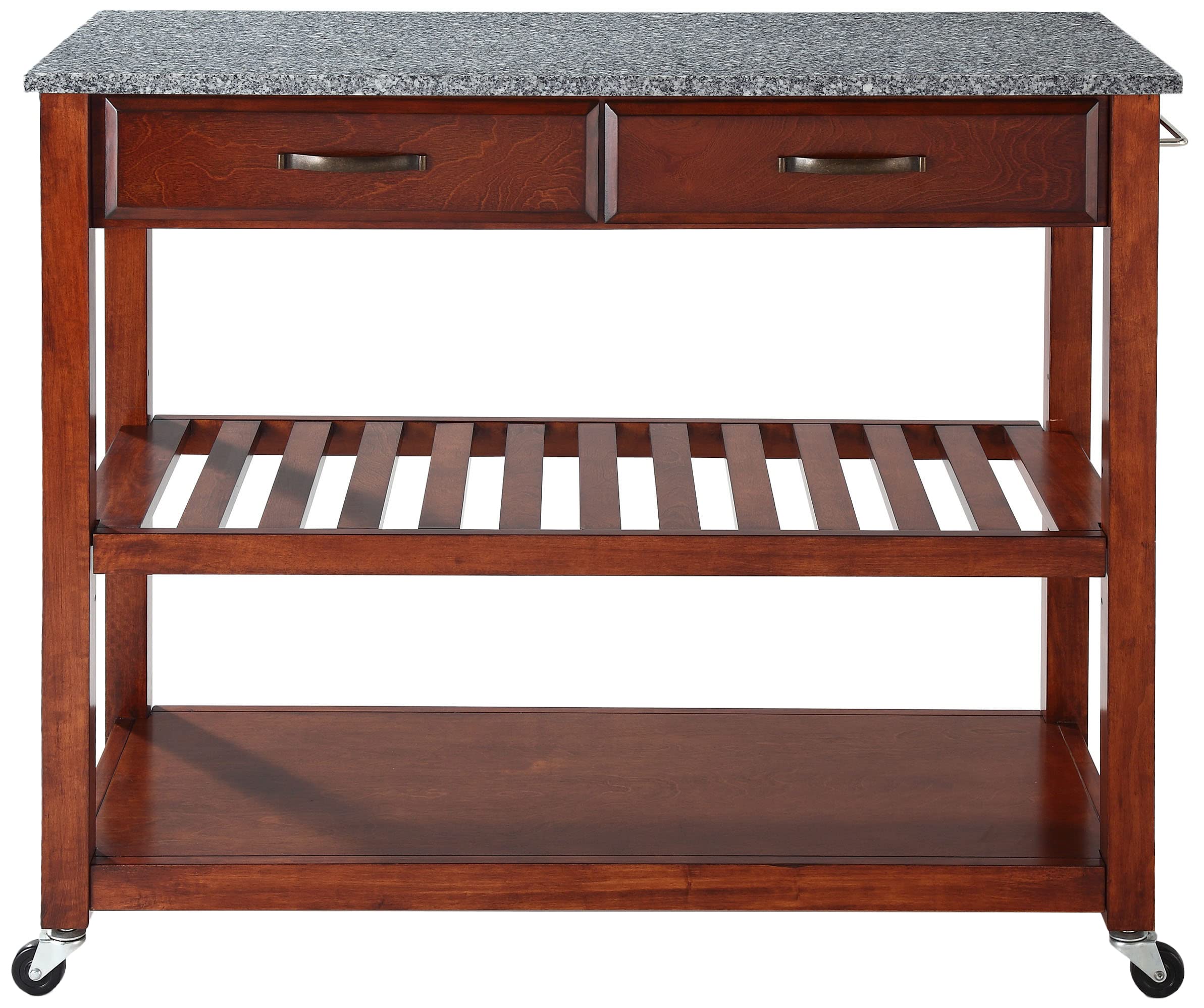 Crosley Granite Top Kitchen Island Cart with Shelves - Microwave Stand, Coffee Bar Station, Cherry Finish - Perfect for Small Spaces, Apartments & Home Kitchen Prep