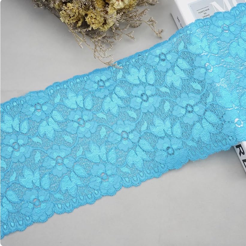 6.2 Inch Stretch Lace Trim - Floral Embroidered Elastic Fabric for Sewing, Clothing & DIY Crafts - 5 Yards Sky Blue - Perfect for Dresses, Wedding Gowns & Home Decor Projects