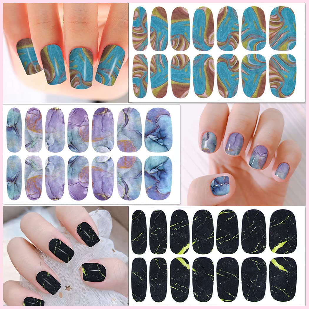 WOKOTO 12 Sheets Gradient Color Marbled Nail Strips - Self-Adhesive Nail Polish Stickers with Nail File | Colorful Blooming Nail Wraps for Women | Perfect for Parties, Weddings & Daily Nail Art