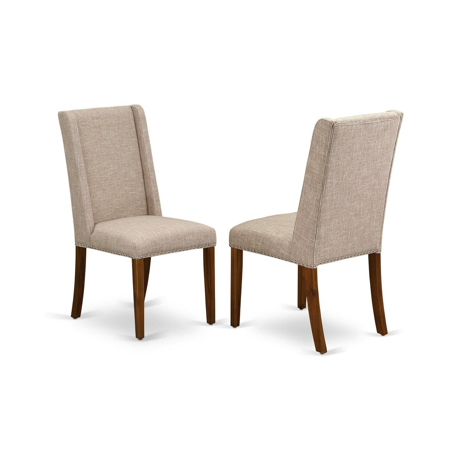 East West Furniture FLP8T04 Florence Parson Dining Chairs Set of 2 - Light Tan Linen Upholstery with Nailhead Trim & Walnut Finish | Elegant Dining Room Seating for Formal Dinners & Home Decor