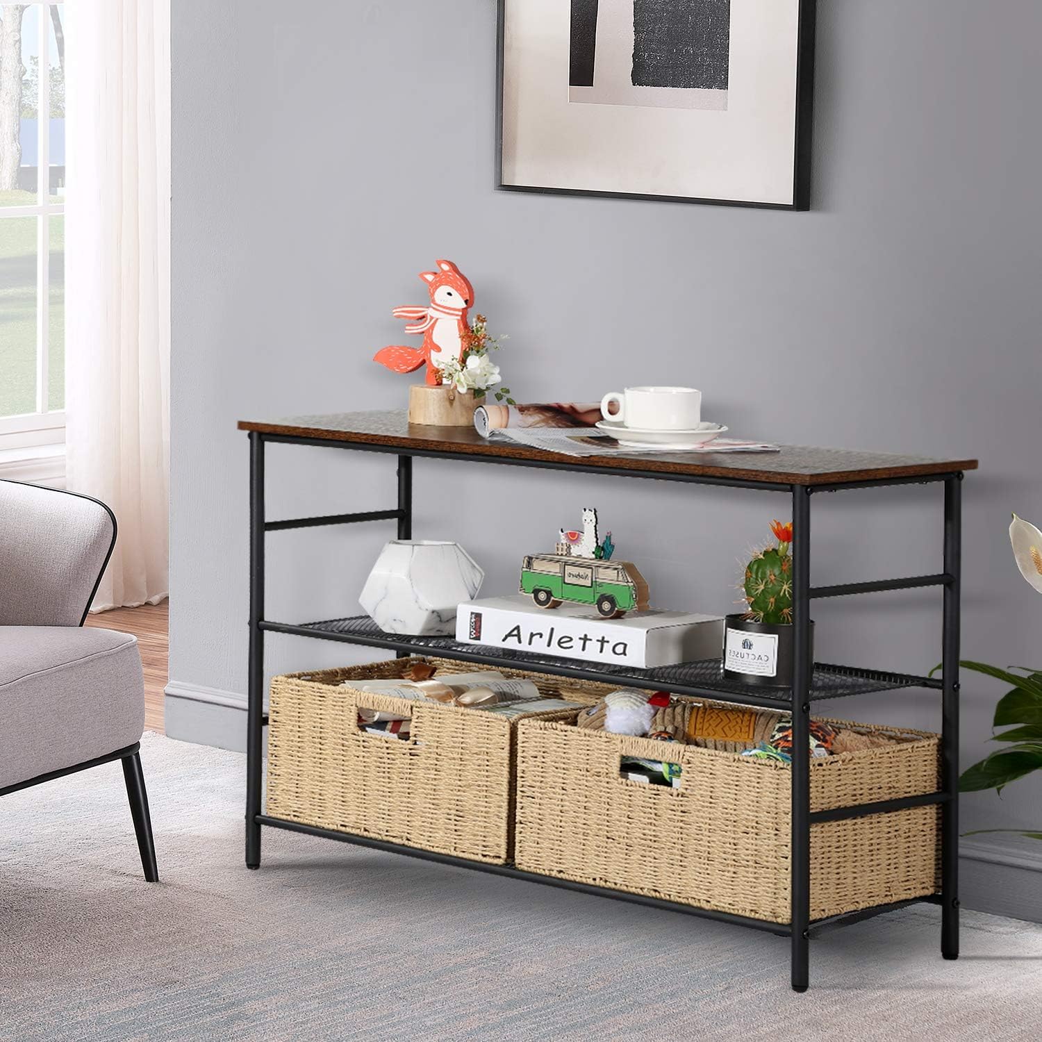 VECELO Industrial Console Table with 2 Wicker Baskets - Rustic Narrow Sofa Table for Hallway, Living Room & Entryway - Easy Assembly 2-Tier Storage Shelf in Retro Brown - Perfect for Small Spaces & Farmhouse Decor
