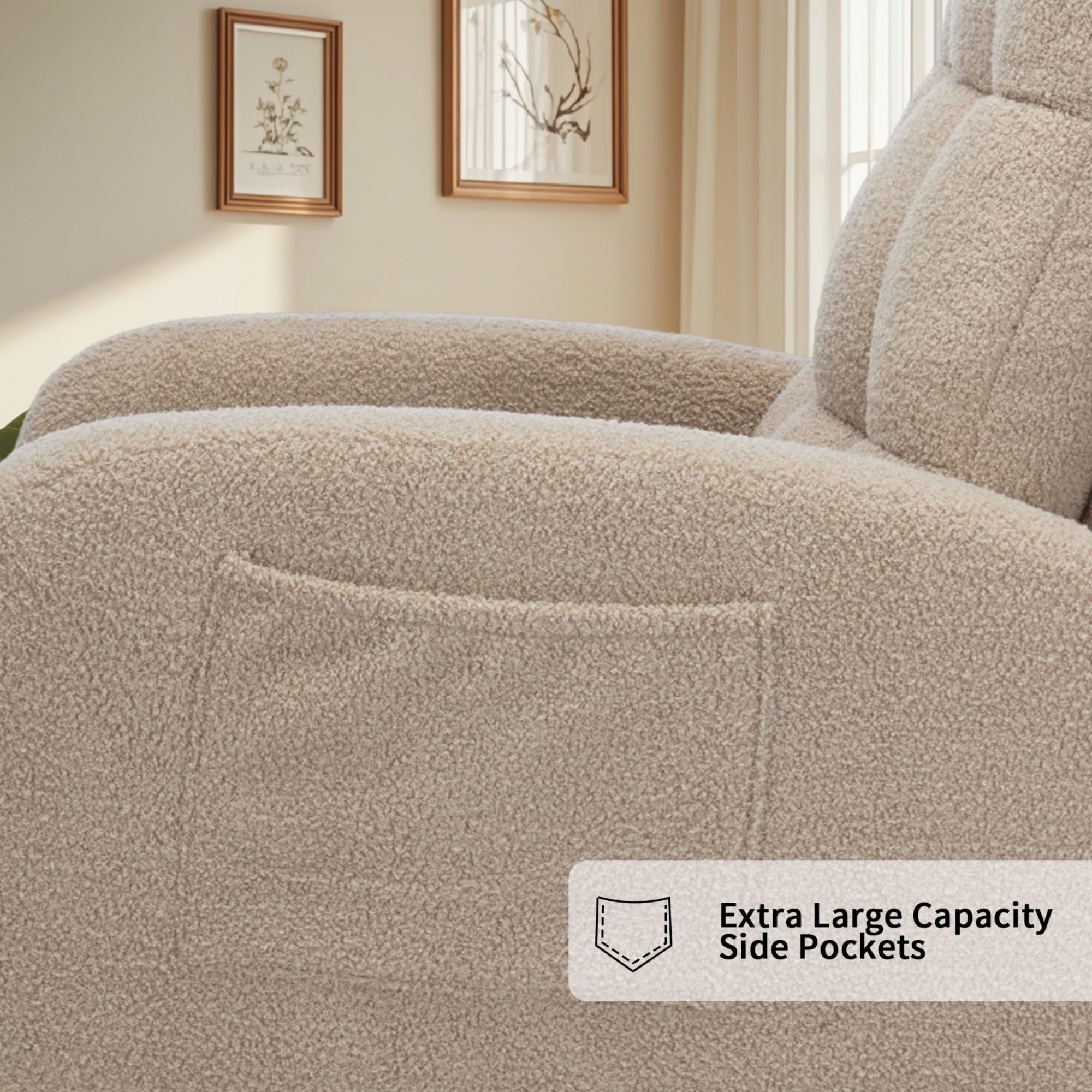 **Adjustable Nursery Rocking Chair with Footrest – Solid Wood Legs, Teddy Fabric, High Backrest & Side Pockets – Comfortable Lounge Armchair for Living Room, Nursery, or Bedroom (Light Coffee)**    *(Perfect for nursing, reading, relaxing, or as a stylish accent chair in your home decor.)*