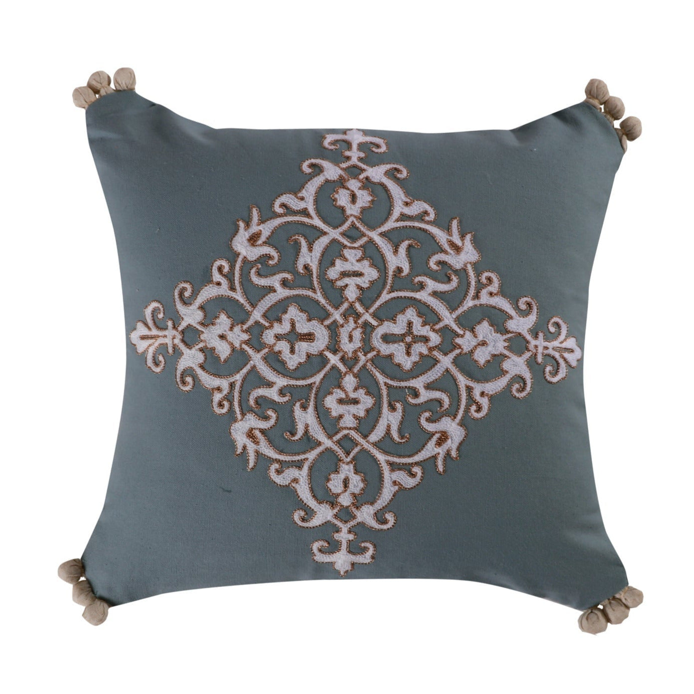 Marisol Embroidered Crewel Pompom Throw Pillow Cover - Boho Home Decor for Living Room, Bedroom, Sofa & Couch