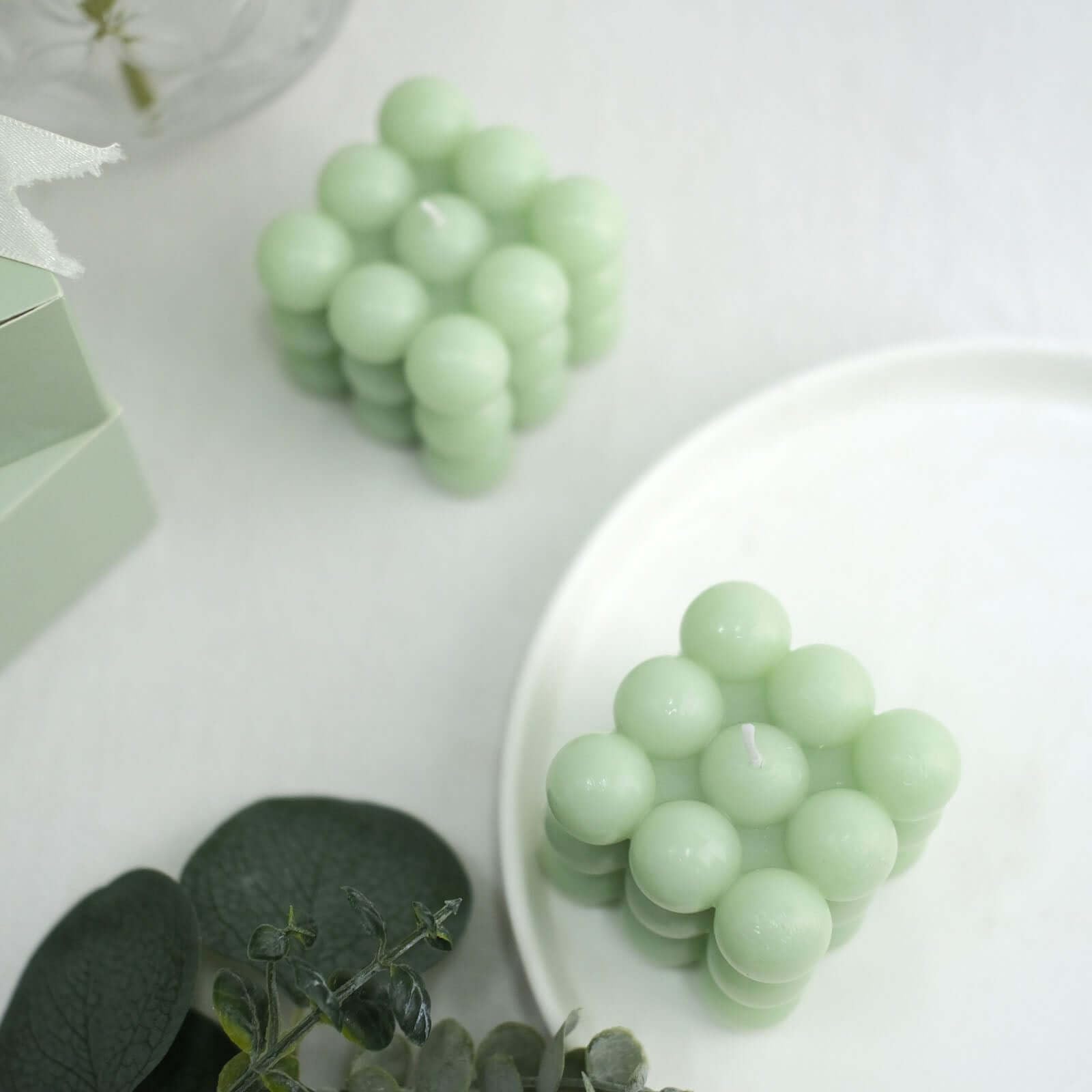 Efavormart 2 Pack Sage Green 2 Inch Bubble Cube Paraffin Wax Candles - Unscented Square Pillar Candles for Wedding, Party Favors, Home Decor & Gift Giving