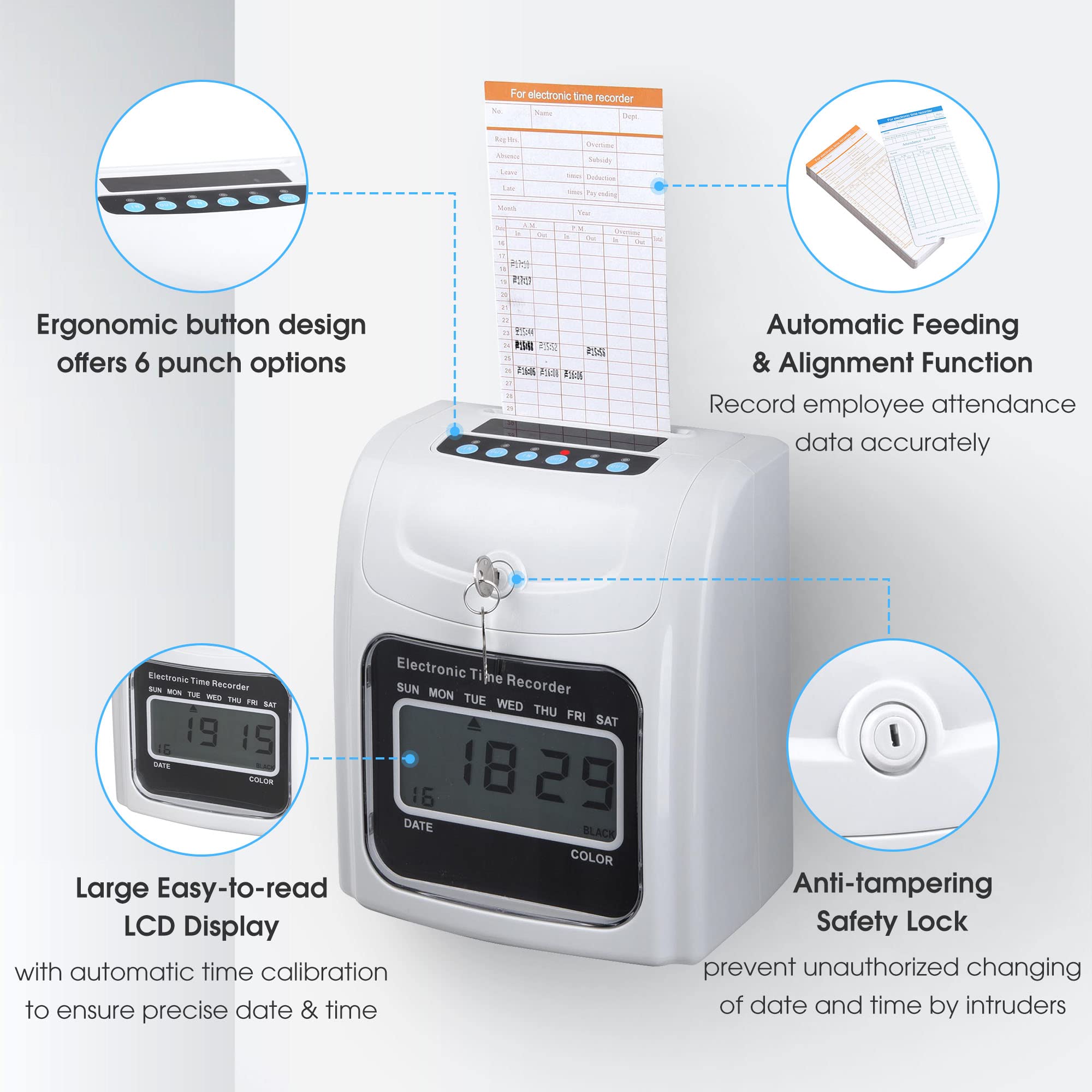 Yescom Employee Attendance Punch Time Clock with LCD Display & 100 Cards - Biometric Payroll Recorder for Small Business Time Tracking - Perfect for Offices, Retail Stores, and Warehouse Staff Management