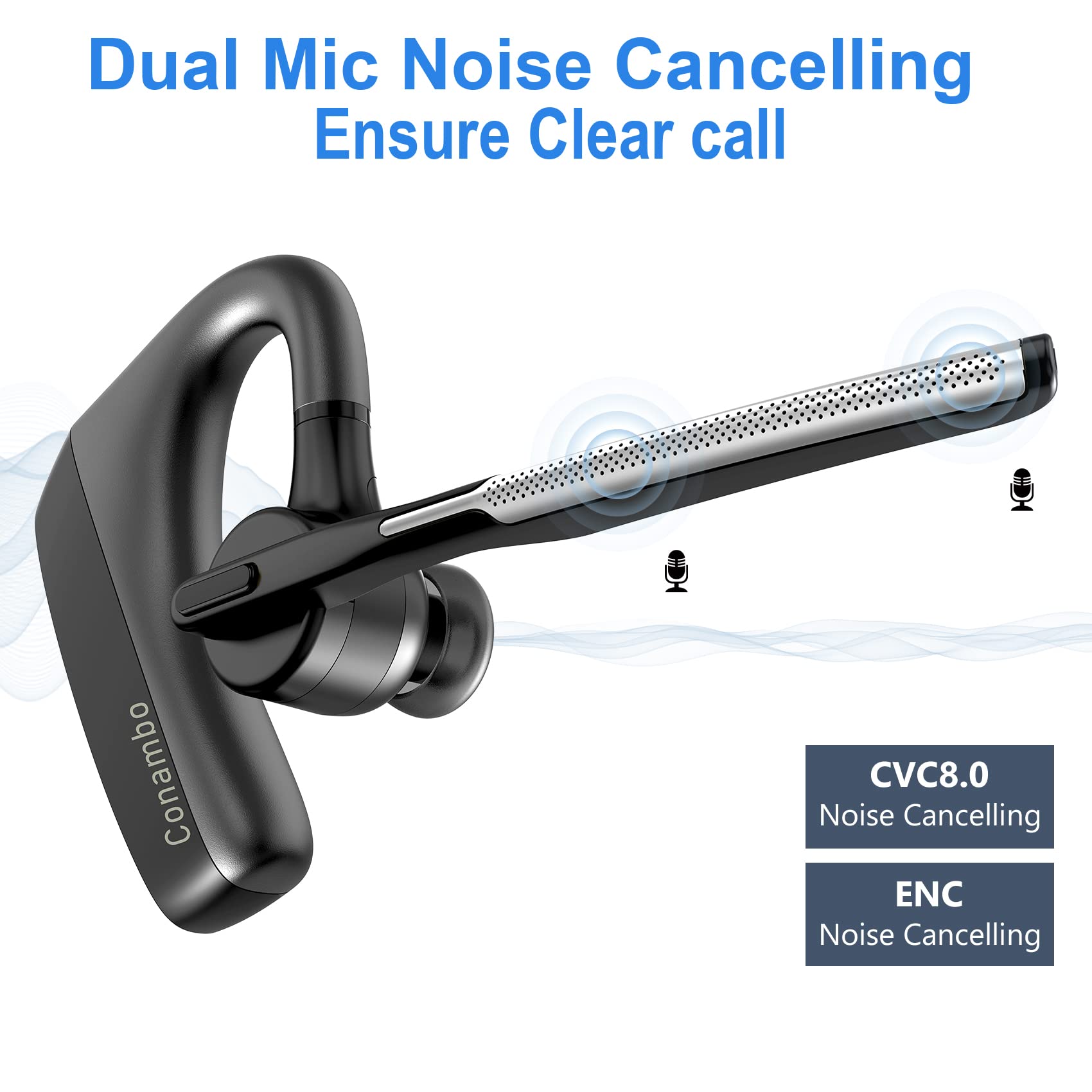 CONAMBO Bluetooth Headset V5.1 Wireless Earpiece - 16 Hours HD Talk Time, CVC8.0 Noise Cancelling, Dual Mic Hands-Free for iPhone Android Smartphones - Perfect for Driving, Business Calls & Office Use