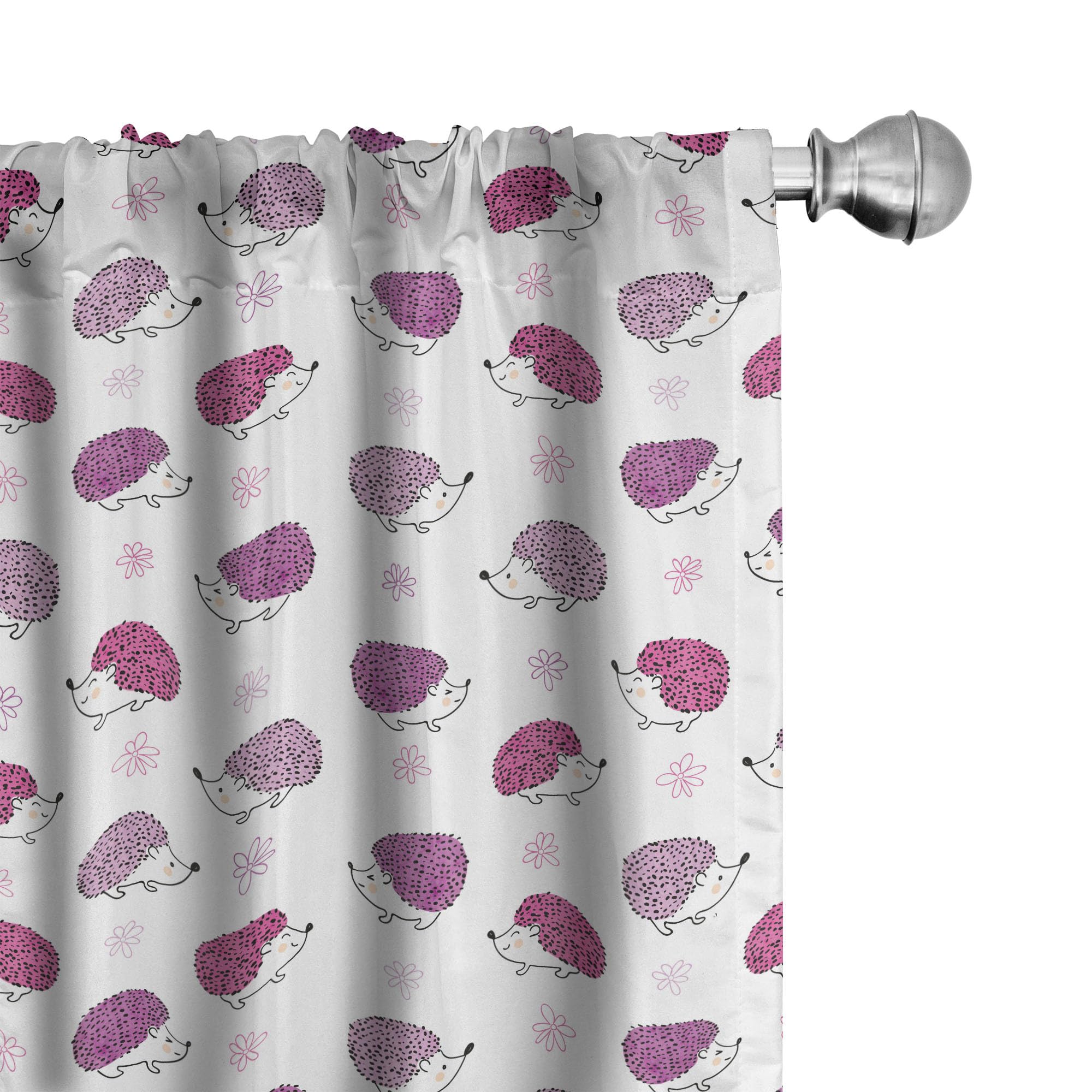 Ambesonne Watercolor Hedgehog Curtains - Funny Smiling Spiny Mammals with Hand Drawn Daisy Flowers, Pink Purple White Window Treatments, 2 Panel Set (28