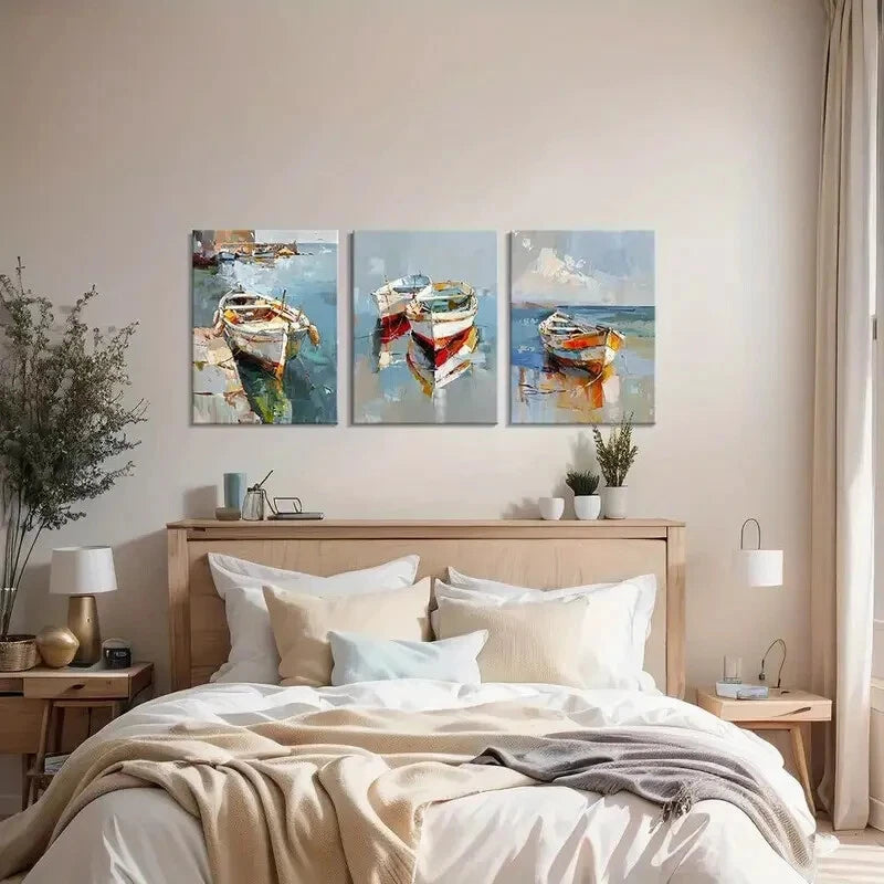 3-Piece Abstract Coastal Boat Metal Wall Art - Ready to Hang Ocean Themed Decor for Living Room, Bedroom & Office
