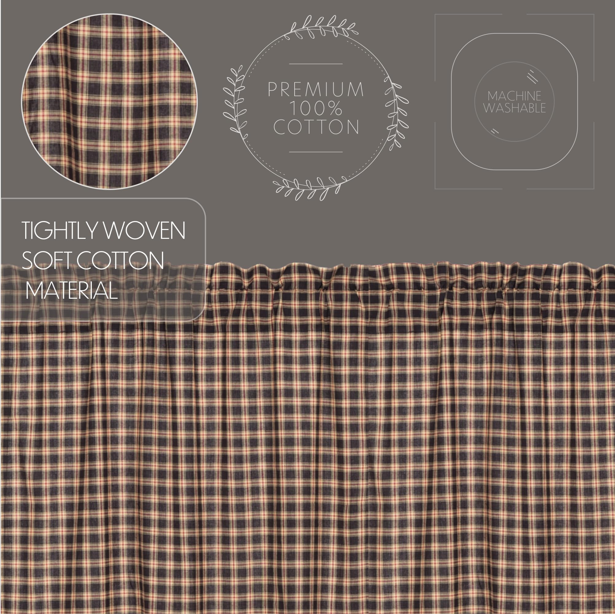 VHC Brands Bingham Star 36x36x16 Inch Cotton Plaid Swag Curtain Valance Set of 2 Black - Perfect for Living Room, Bedroom & Window Decor