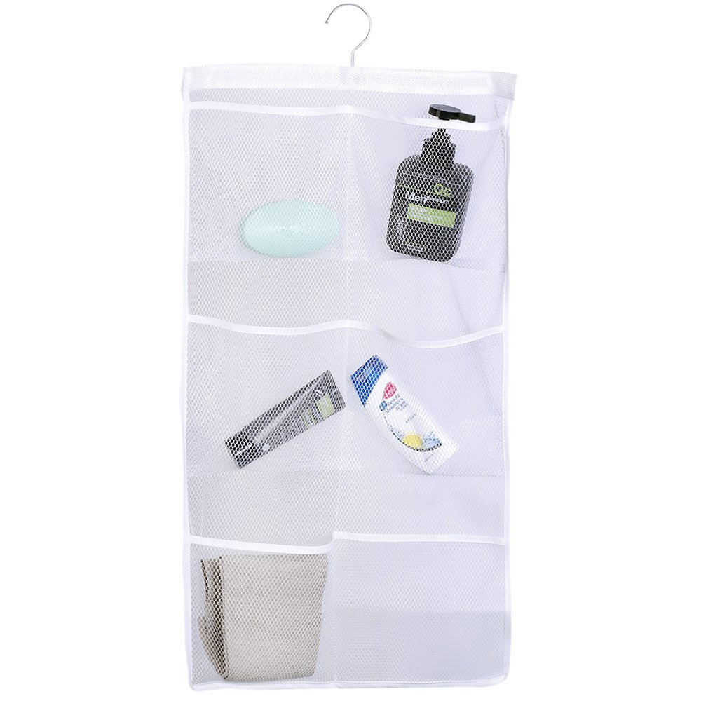 ALYER 6-Pocket Hanging Mesh Shower Caddy - Space Saving Bathroom Organizer with Quick Dry Design & Sturdy Hook - Perfect for College Dorms, Apartments, and Small Bathrooms (White)