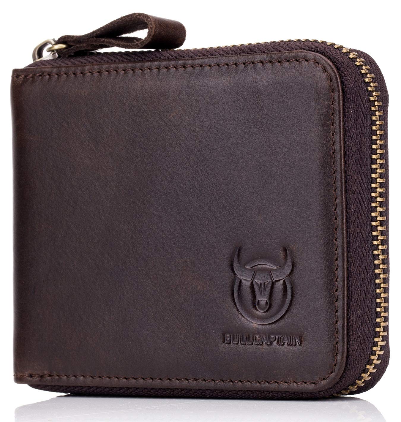 BULLCAPTAIN Genuine Leather RFID Blocking Bifold Wallet for Men - Slim ID Window Credit Card Holder with Zipper (Dark Brown) | Perfect for Everyday Use, Travel & Business