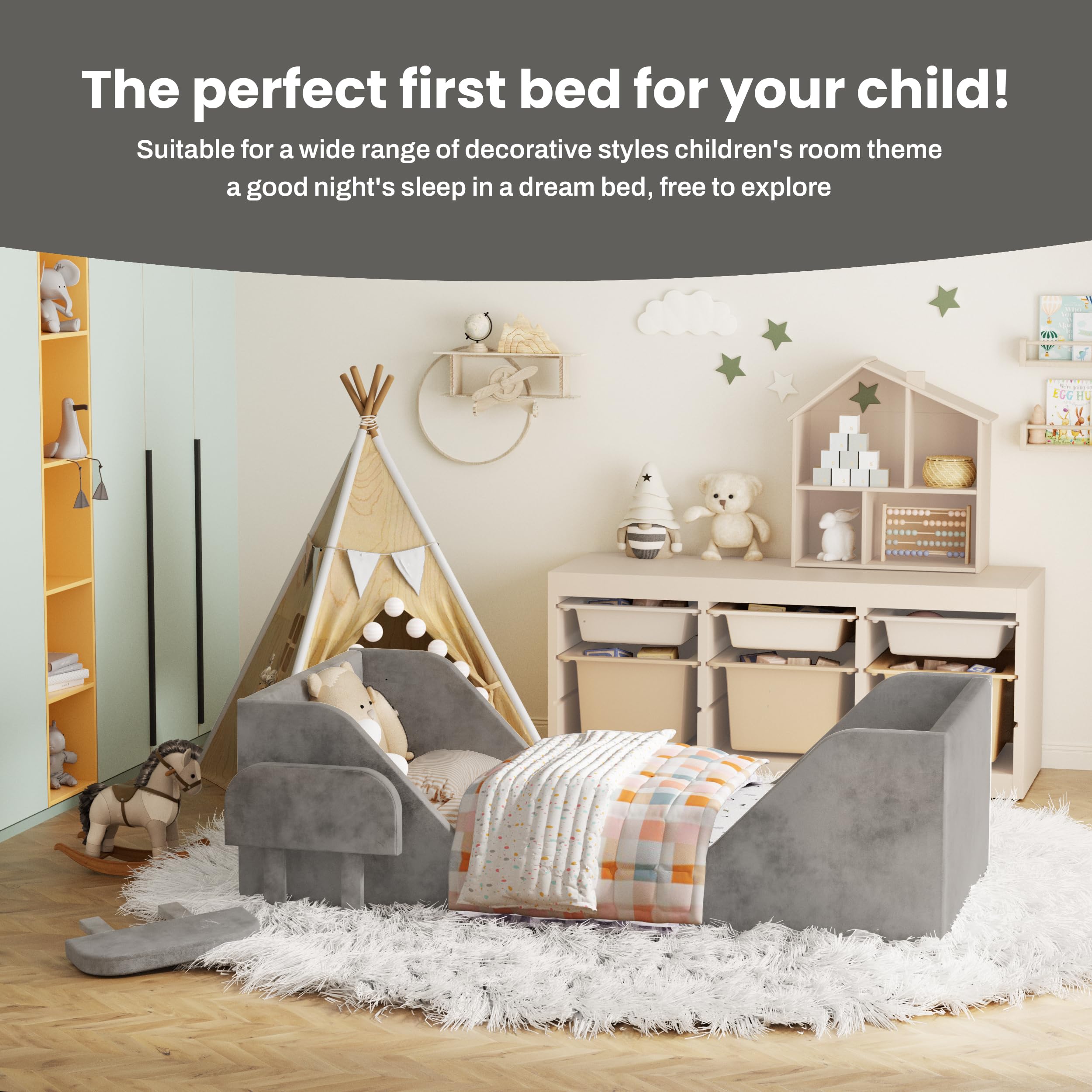 **Safe & Sturdy Toddler Floor Bed with Guard Rails for Kids 2-6 Years | Standard Crib Mattress Compatible | Certified Fabric Toddler Bed (Big Gray) – Perfect for Montessori Bedrooms & Child Safety**