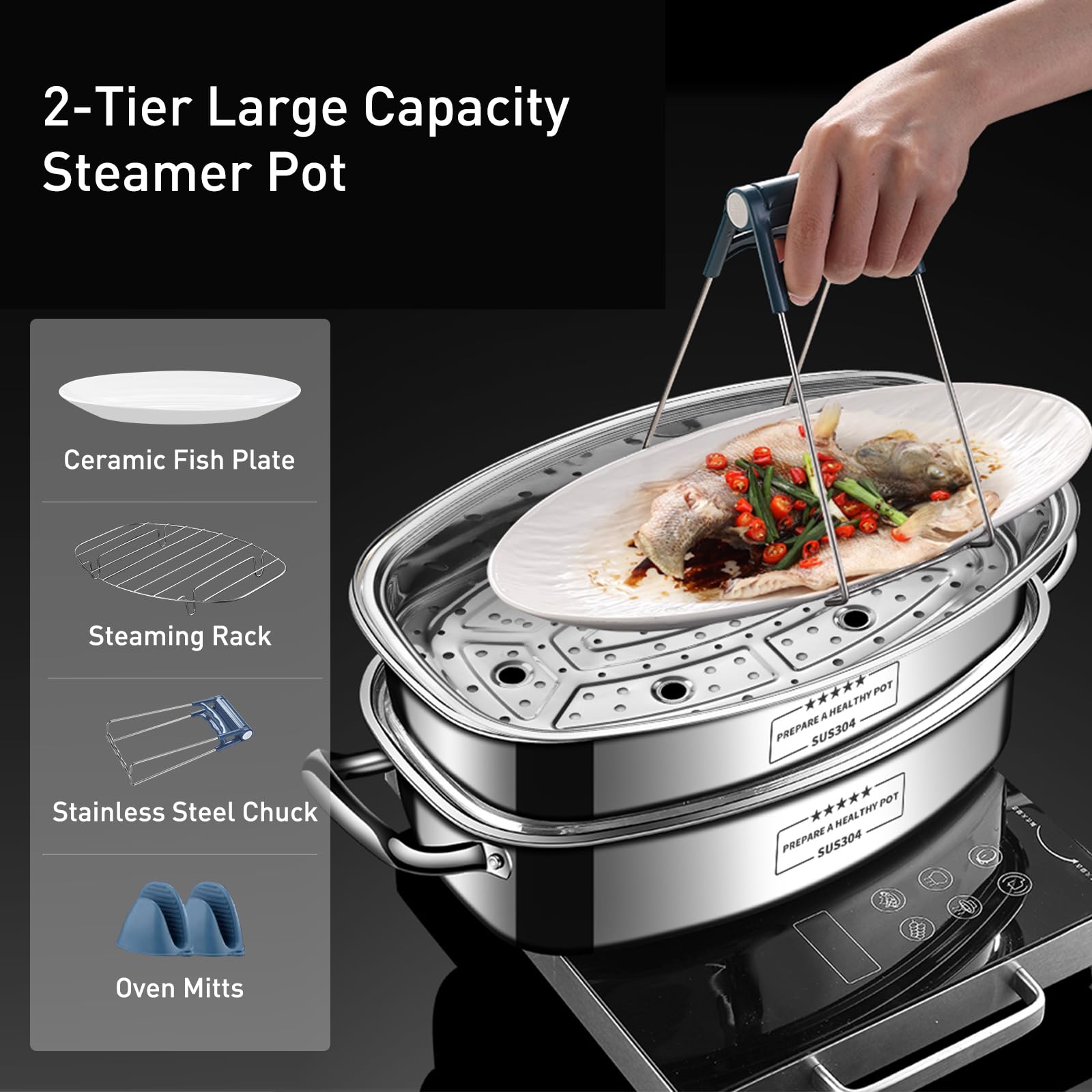 Eglaf 2-Tier Stainless Steel Fish Steamer Pot with Rack - Multi-Purpose Square Steamer Cookware Set Includes Ceramic Plate, Chuck & Oven Mitts - Perfect for Steaming Fish, Vegetables, Seafood & Making Soup - Ideal for Home Cooking, Restaurants & Outdoor BBQ