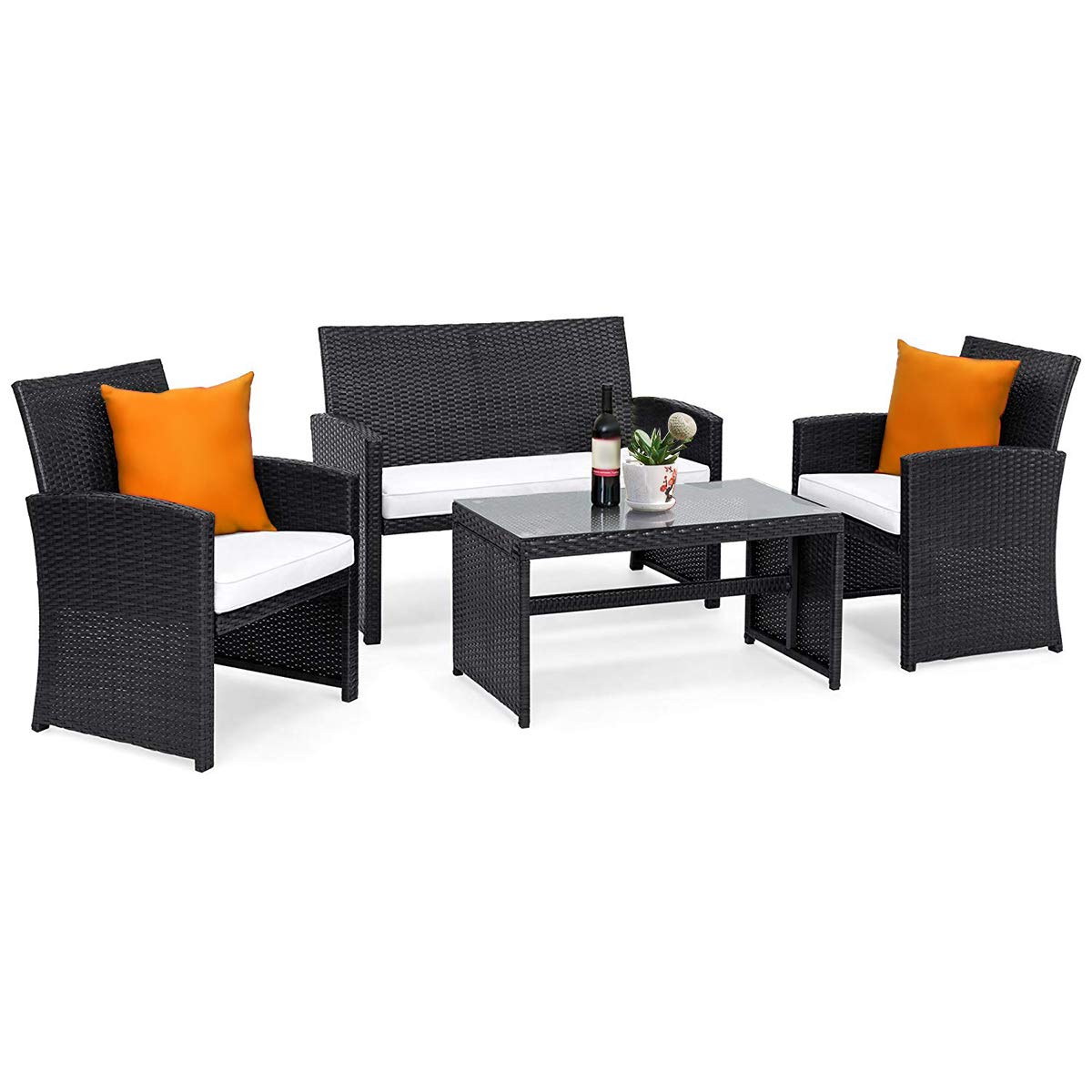 Casart 4-Piece Rattan Patio Furniture Set - Wicker Outdoor Sectional Sofa with Tempered Glass Coffee Table, High Backrest & Removable Cushions - Perfect for Garden, Lawn, Balcony, Deck & Poolside Relaxation