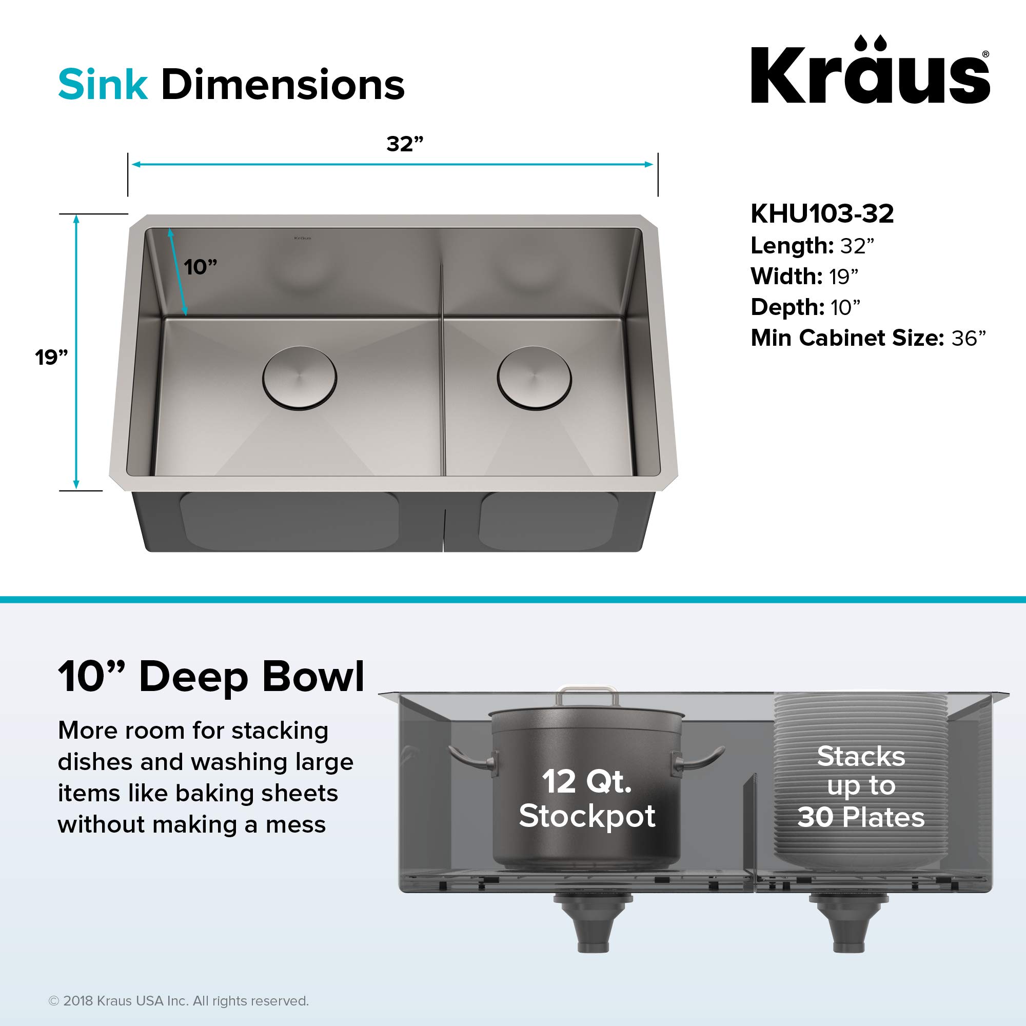 KRAUS Standard PRO™ 32-inch 16 Gauge Undermount 60/40 Double Bowl Stainless Steel Kitchen Sink with WasteGuard™ Continuous Feed Garbage Disposal - KHU103-32-100-75MB | Perfect for Modern Kitchens, Dishwashing & Food Prep