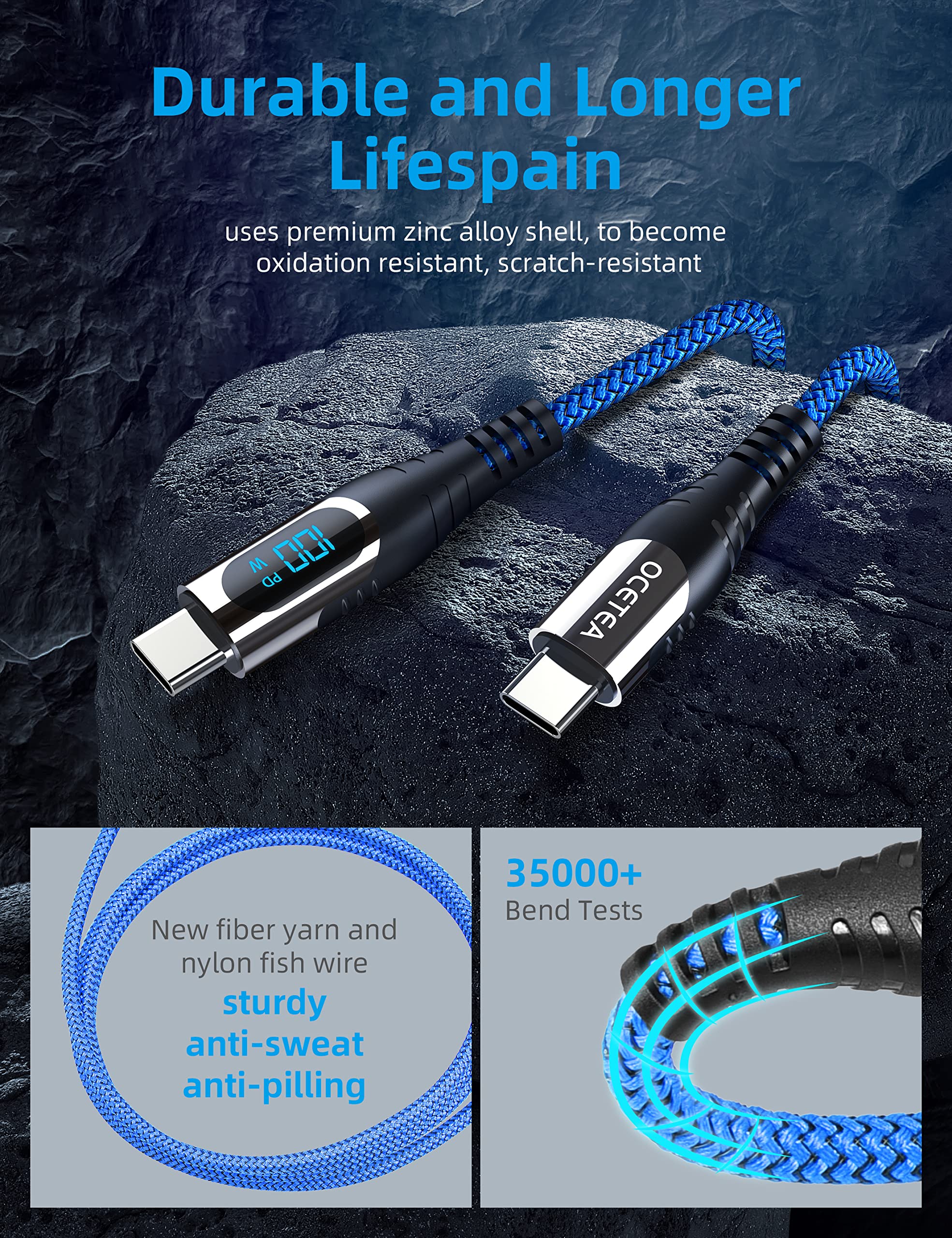 100W USB C to USB C Fast Charging Cable with LED Display - PD Compatible for iPhone 15 Pro Max, Galaxy S24/S23 Ultra, Pixel 7, Huawei Mate 60 Pro, MacBook Pro - Perfect for Travel, Office & Home Charging (6.6ft/2M)