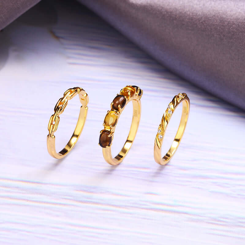 Vintage Citrine Smoky Quartz Stacking Rings Set for Women - Adjustable Bohemian Style Jewelry Gift for Birthday, Anniversary & Everyday Wear | TB1502
