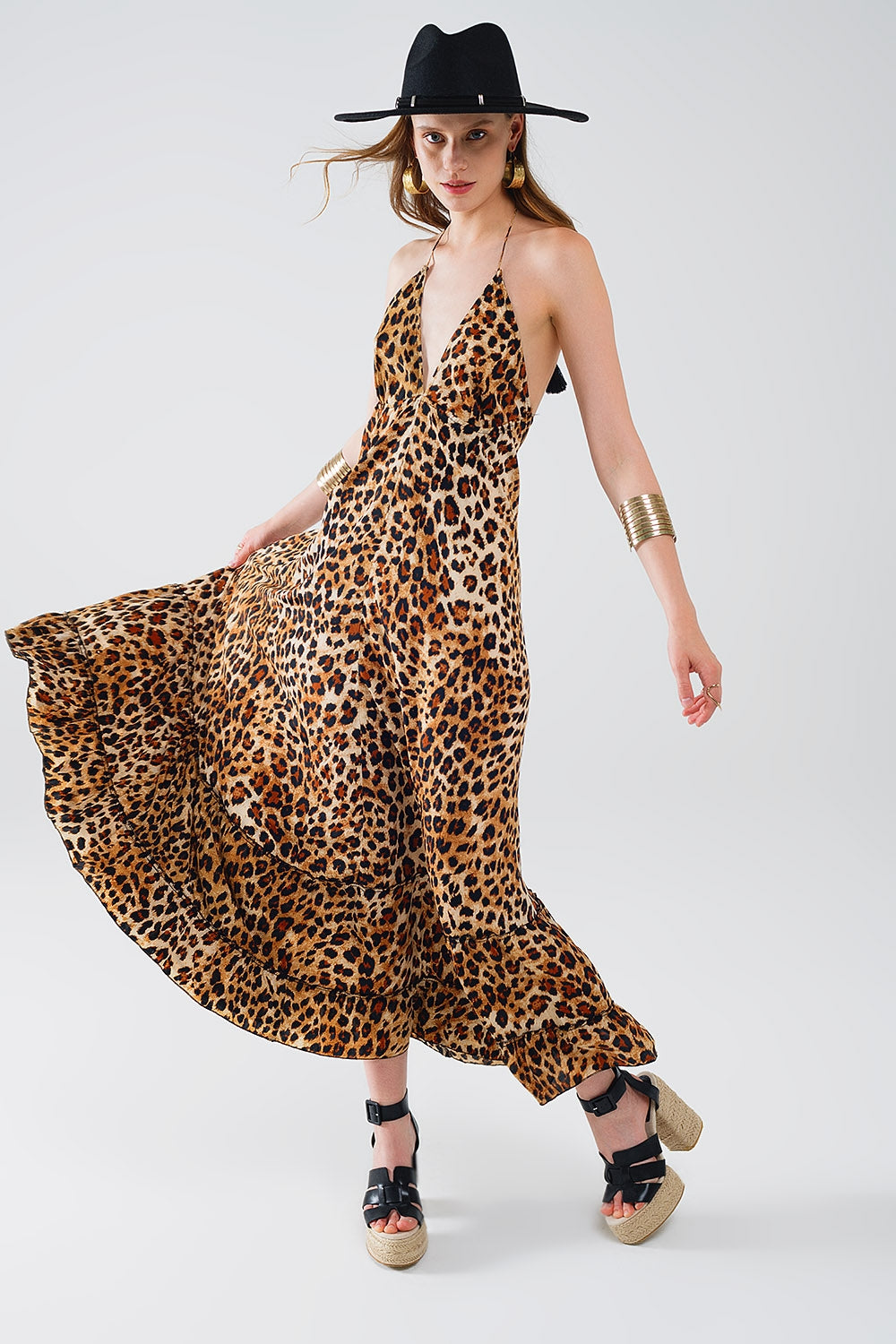 Boho Leopard Print Open Back Maxi Robe - Women's Flowy Long Dress for Beach, Vacation & Lounge Wear