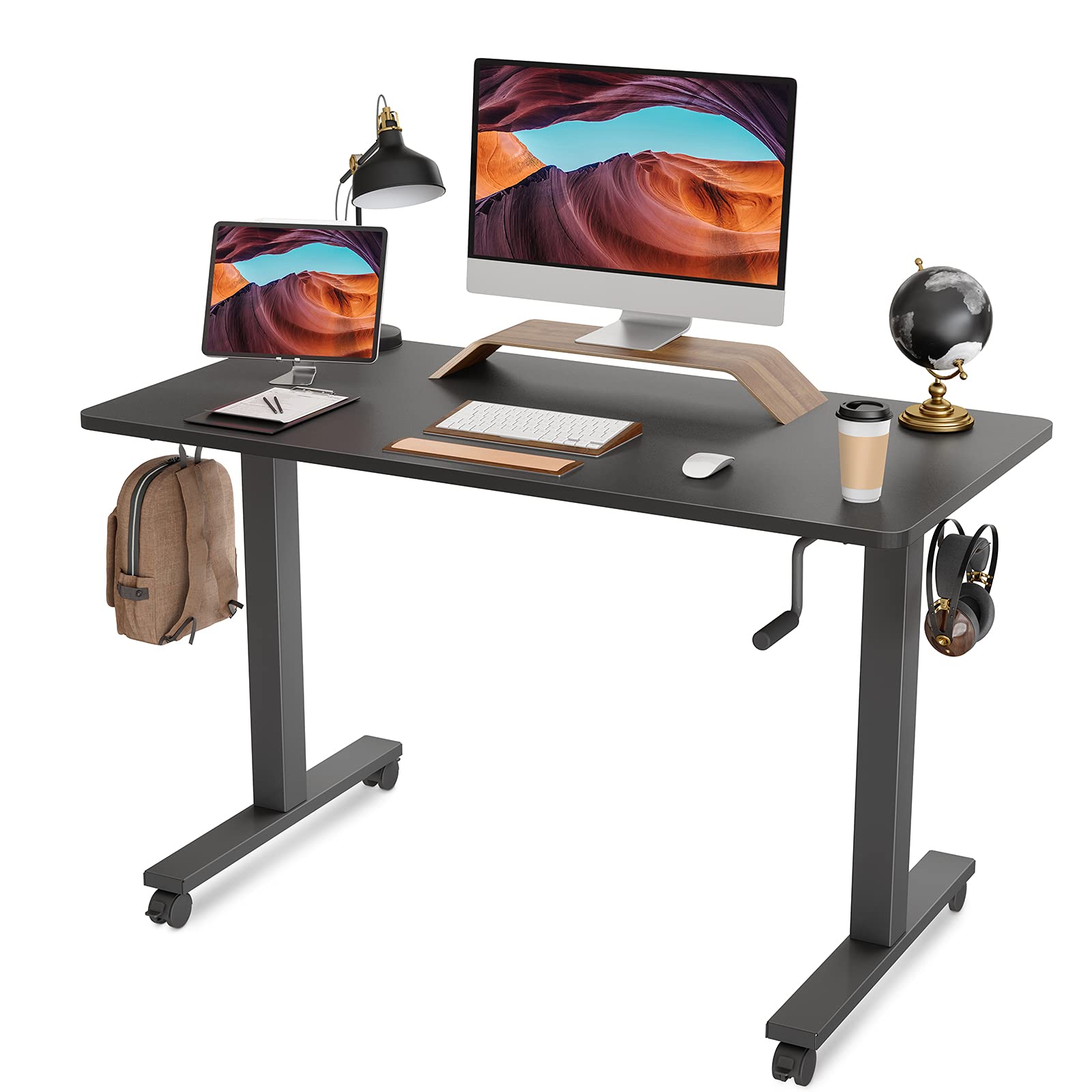 FEZIBO 48 x 24 Inches Manual Adjustable Height Standing Desk - Crank Sit Stand Desk with Handle for Home Office, Black Top & Frame | Perfect for Remote Work, Small Spaces & Ergonomic Workstations