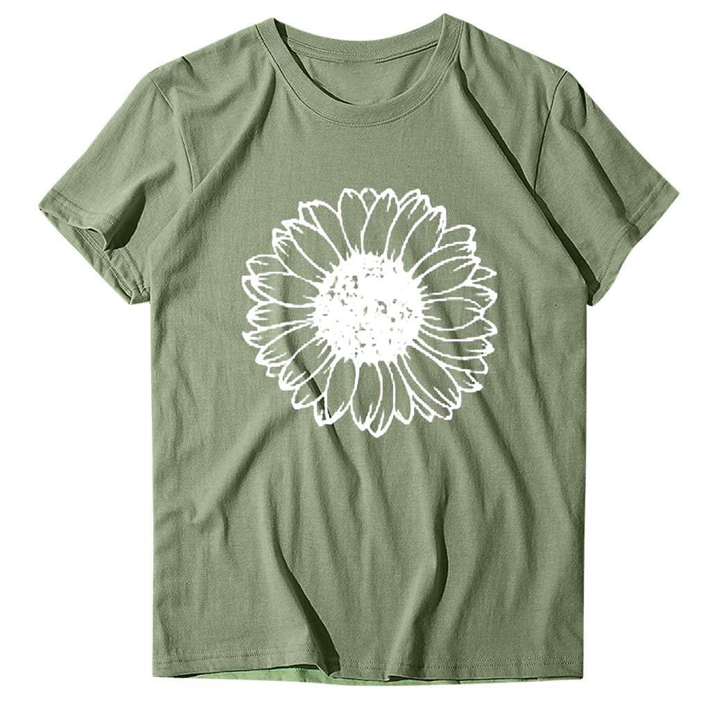 Plus Size Women's V-Neck T-Shirts - Cute Sunflower Graphic Printed Short Sleeve Casual Summer Tops in Light Green | Perfect for Outdoor Activities, Beach Trips, and Everyday Wear