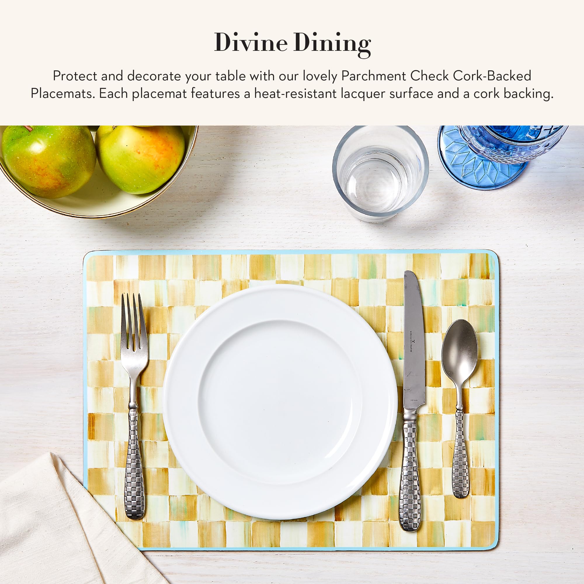 MACKENZIE-CHILDS Cork-Back Washable Placemats Set of 4 - Yellow and Cream Parchment Check Pattern Table Mats for Dining Room, Kitchen, and Party Decor