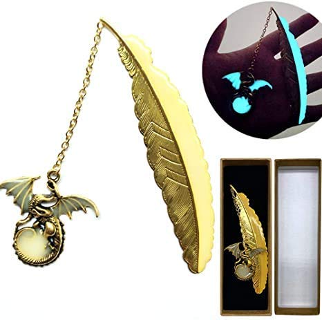 3D Flying Dragon Metal Bookmark with Feather & Luminous Design - Glow in The Dark Reading Accessory with Gift Box - Perfect Book Lover Gift for Women, Men & Kids (Golden) - Great for Night Reading, Fantasy Book Enthusiasts & Unique Gifts