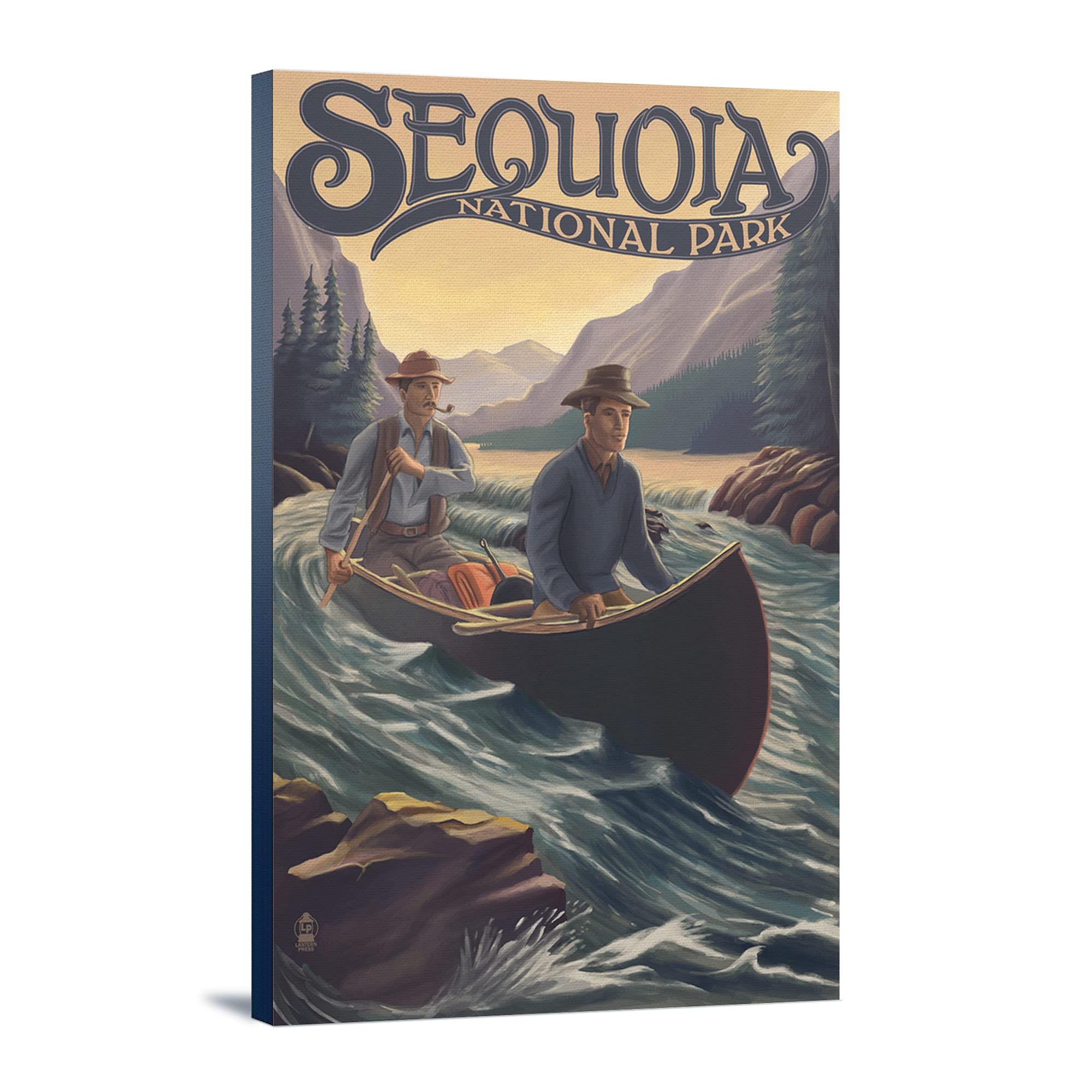 Sequoia National Park Canoe in Rapids - 16x24 Wrapped Canvas Wall Art for Home & Office Decor | Nature Landscape Painting, Wilderness Adventure Scene