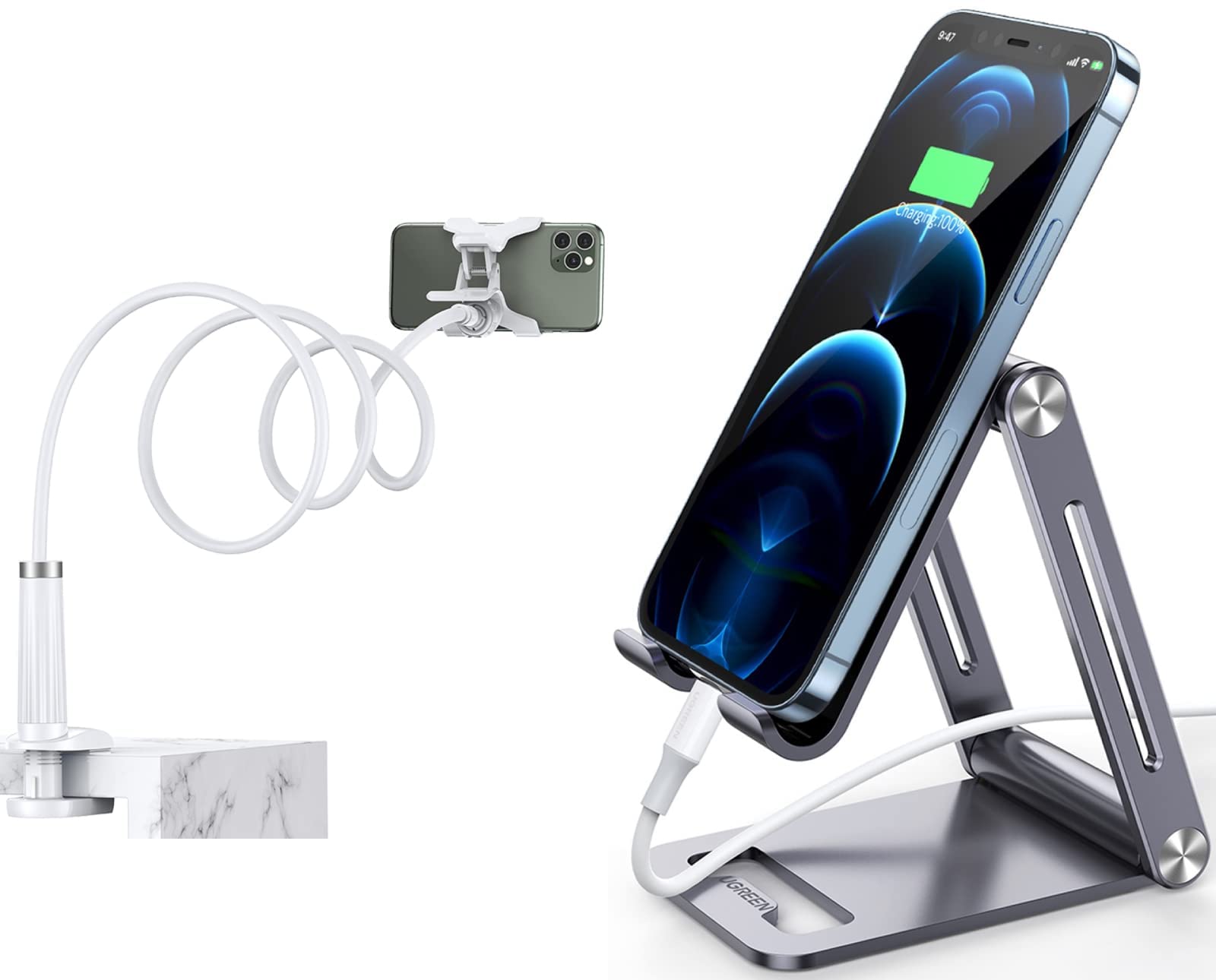 UGREEN Adjustable Gooseneck Phone Holder & Desk Stand - Flexible Clip Mount for iPhone, Samsung, iPad - Perfect for Home Office, Bed, Kitchen & Video Calls