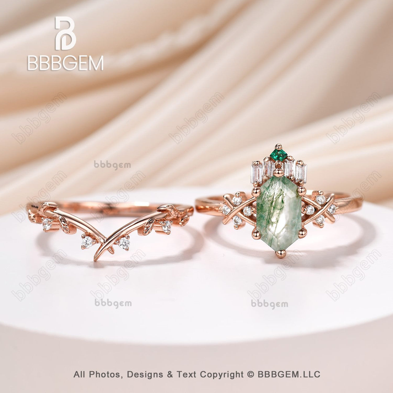 14K Rose Gold Long Hexagon Green Moss Agate Wedding Ring Set - Elegant Elongated Moss Agate Bridal Rings for Engagement, Anniversary & Special Occasions