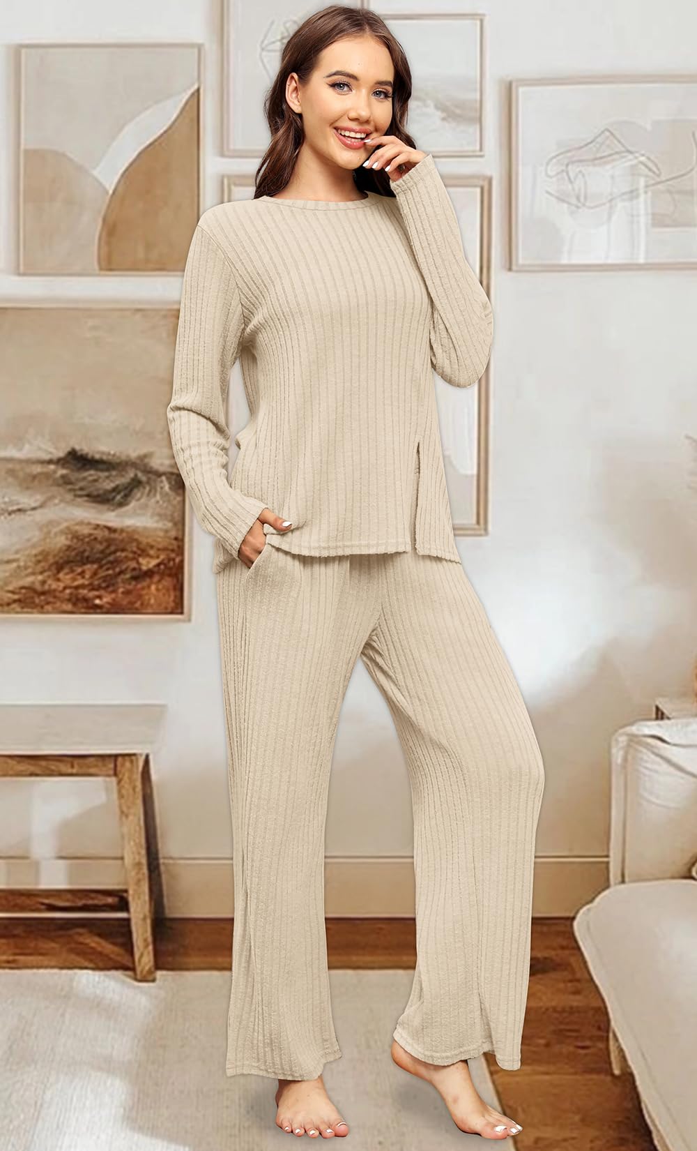 WIHOLL Women's Two Piece Lounge Set - Cozy Sweater & Pants Loungewear with Pockets | Soft Casual Outfit for Home, Travel & Relaxation