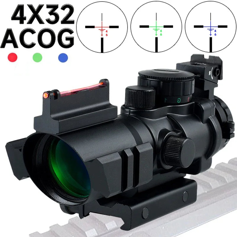 4x32 ACOG Tri-Illuminated Cross Scope - Adjustable Tactical Rifle Scope with Red Fiber Optic Sight for Hunting | Fits 20mm Rail | Perfect for Long-Range Shooting, Tactical Training & Outdoor Adventures