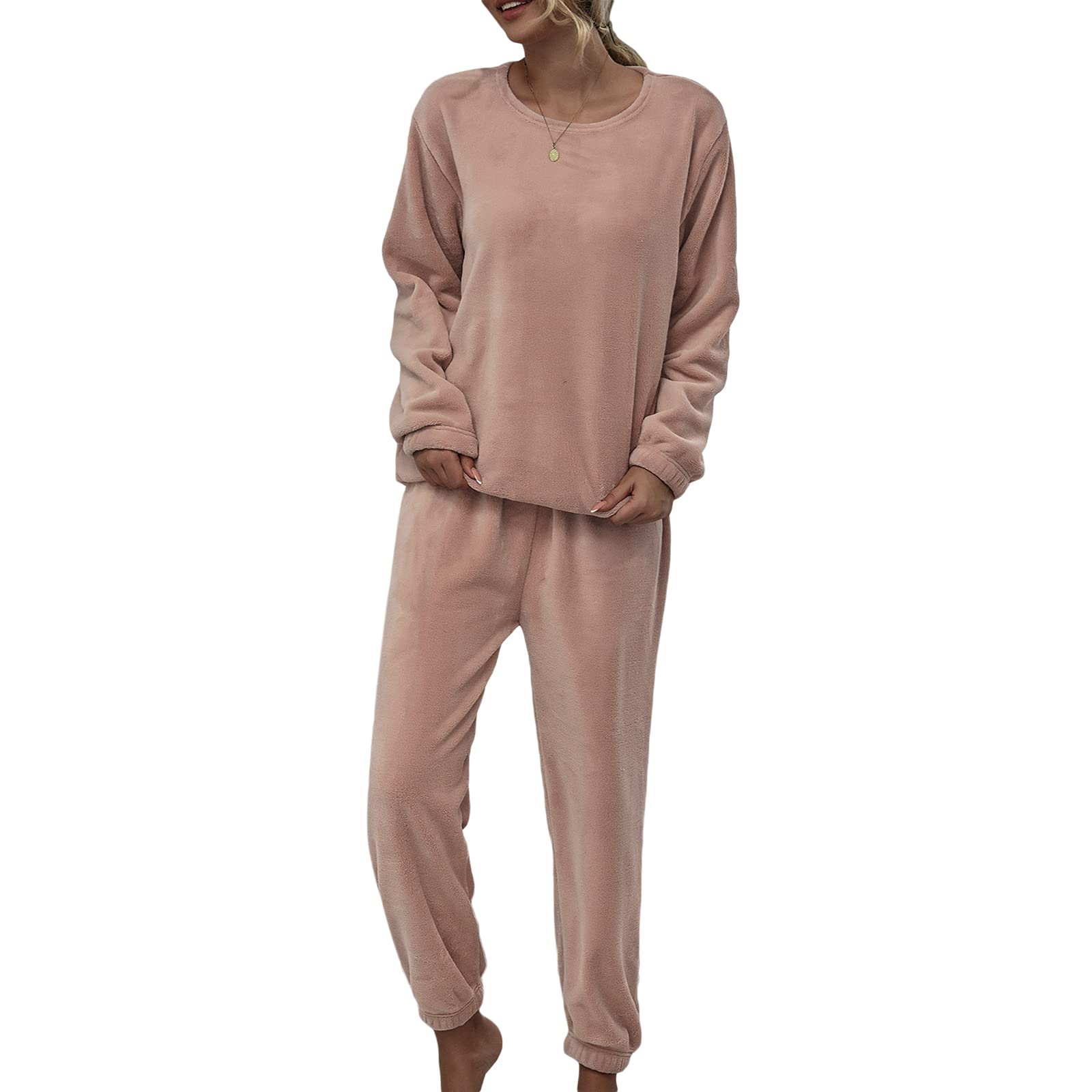 Women's Casual Long Sleeve Fleece Pajama Set - 2 Piece Solid Color Sleepwear & Lounge Wear for Winter Nights, Cozy Home Relaxation and Gift Giving