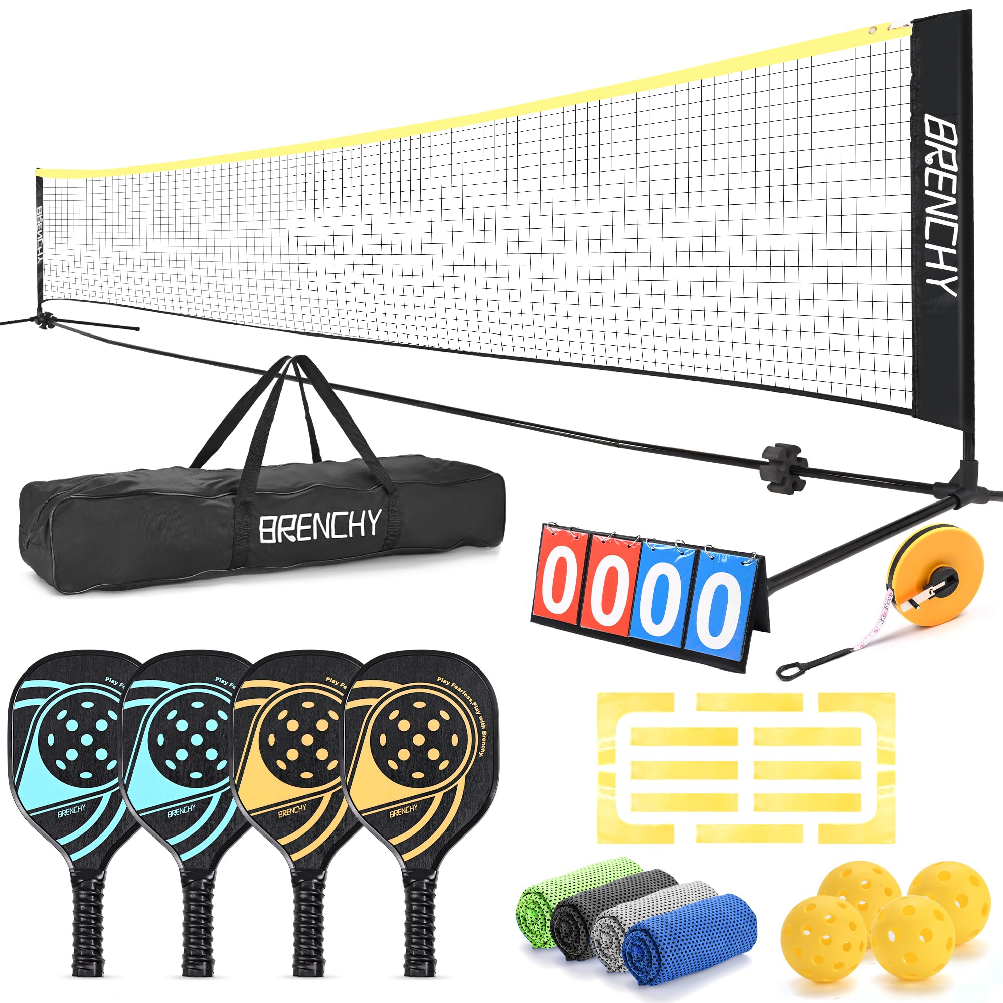 **Brenchy Complete Pickleball Set with 17ft Net, 4 Paddles, 4 Balls, Court Markers & Tape Measure – Perfect for Home, Driveway, Backyard & Outdoor Family Fun**