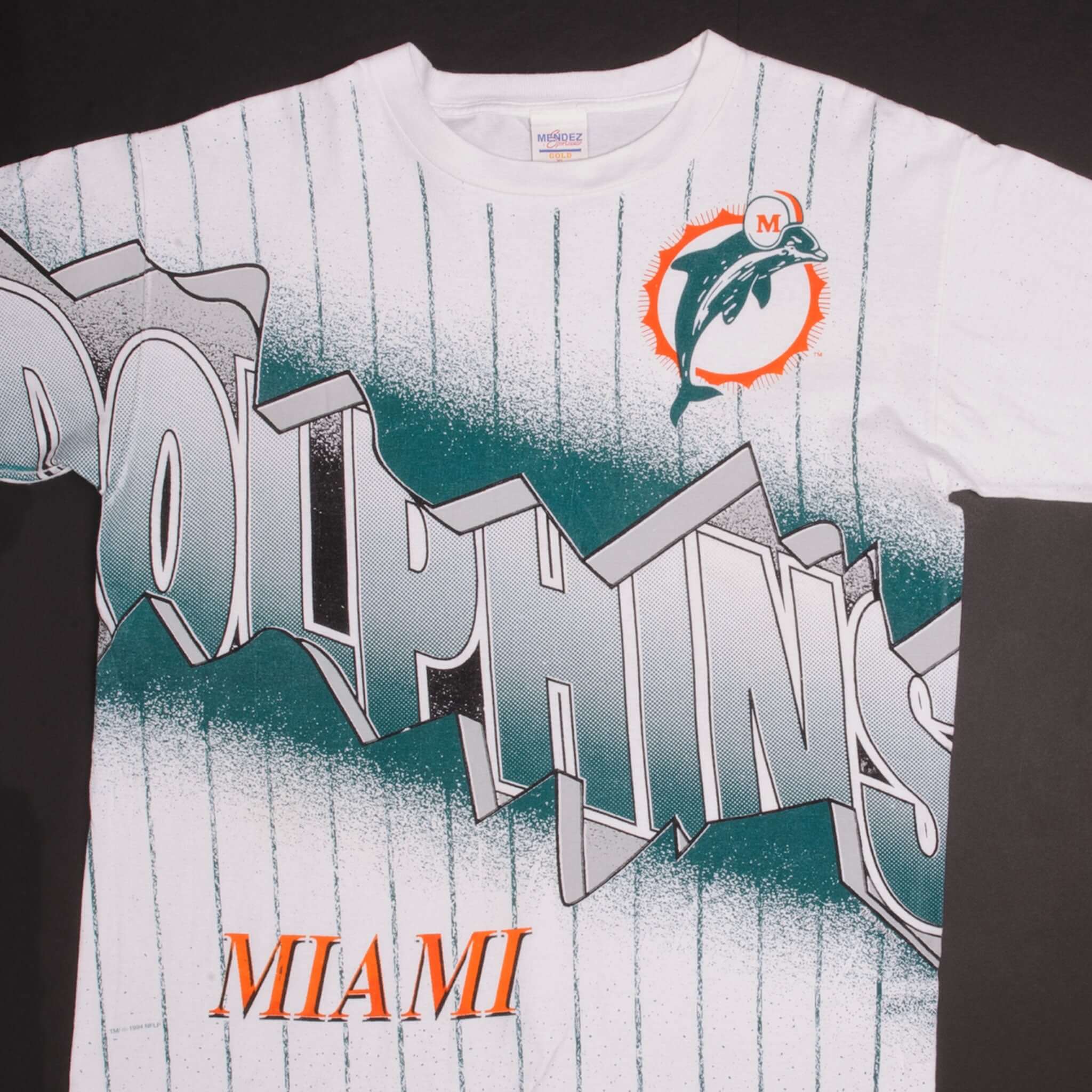 Vintage NFL Miami Dolphins 1994 All Over Print Tee Shirt - XL Size, Made in USA - Perfect for Game Day, Sports Fans & Retro Fashion Lovers
