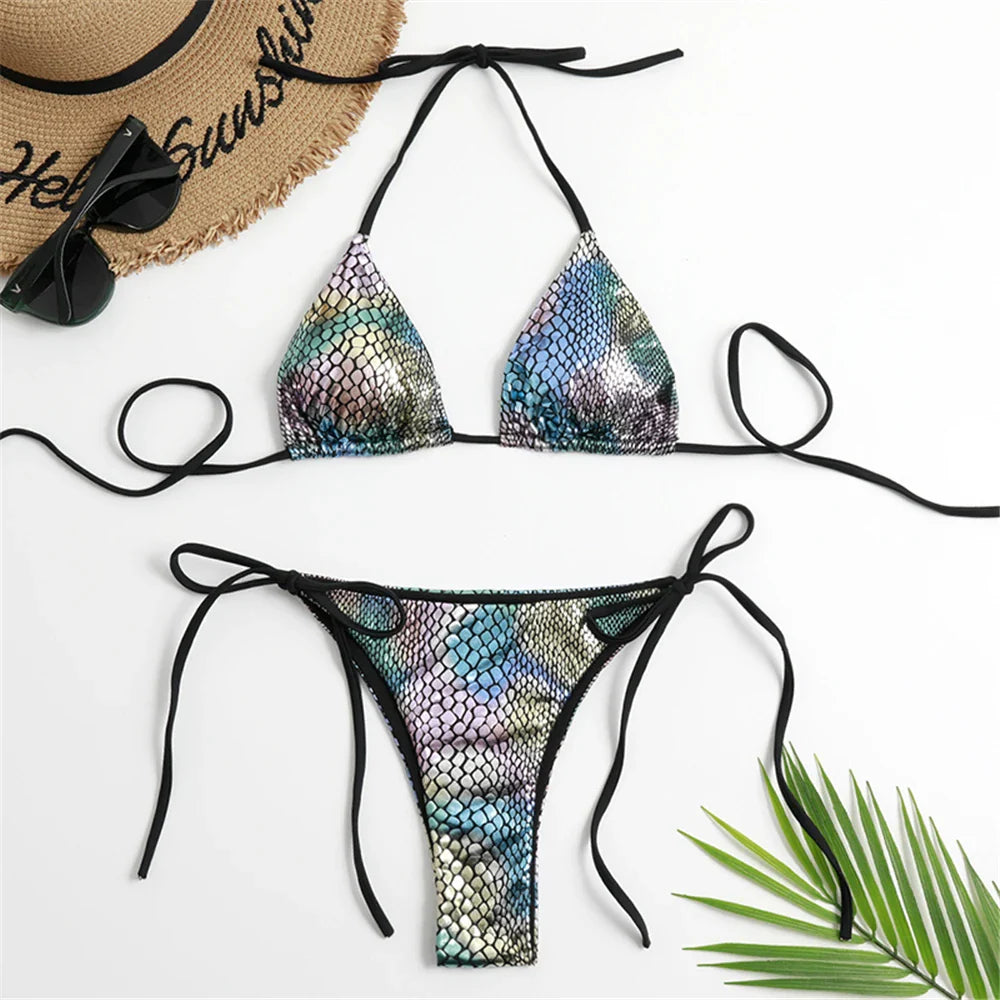 Sexy Halter Triangle Bikini Set - Women's Patent Leather Glitter Swimsuit with G-String & Side Lace Up Design | Perfect for Summer Beach Vacation, Pool Party & Tropical Getaway