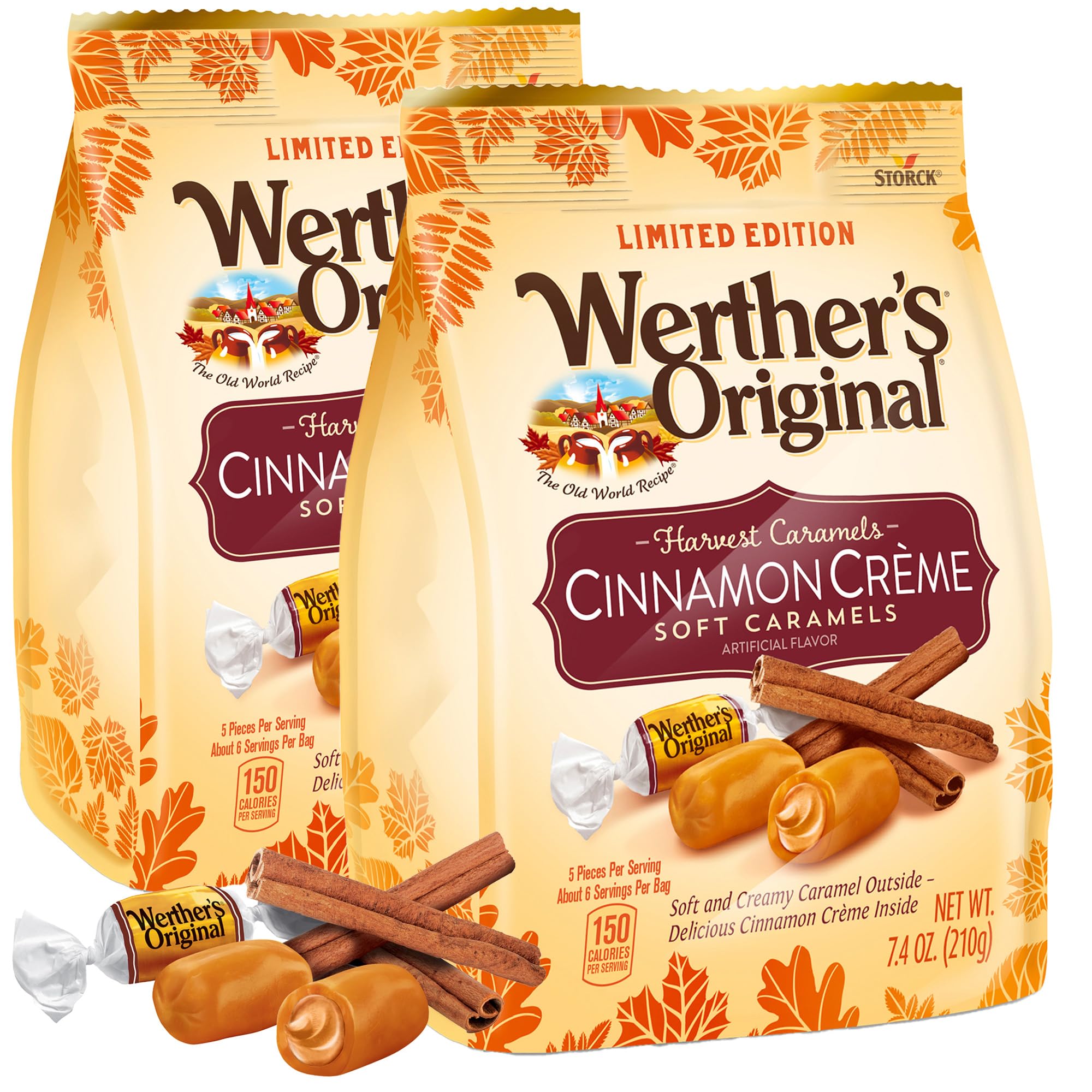 Werthers Original Cinnamon Creme Flavored Soft Caramels 2 Pack - Delicious Soft & Creamy Caramel Candies for Snacks, Gifts, Parties & Holiday Treats - Perfect for Halloween, Christmas & Office Desserts