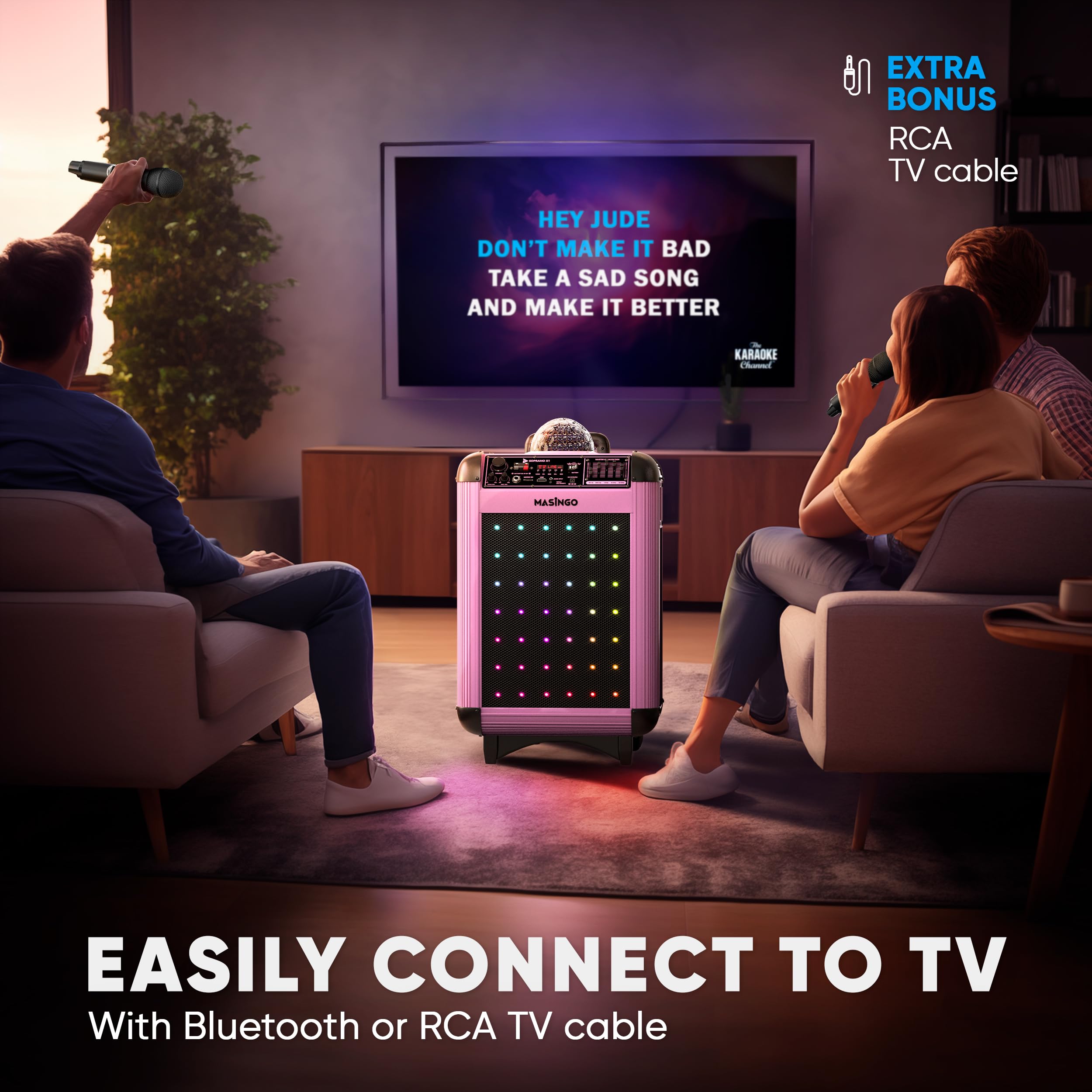 MASINGO X1 Karaoke Machine with Bluetooth Wireless Microphones - Portable PA Speaker System with Disco Lights, Lyrics Display & TV Cable for Home Parties, Family Gatherings & Kids Entertainment (Soprano X1 Model)