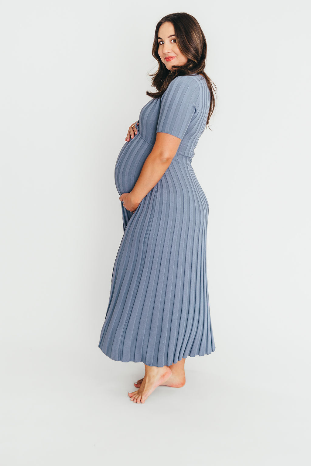 Oakley Ribbed Maxi Dress in Dusty Blue - Bump Friendly Maternity Dress for Pregnancy & Nursing | Perfect for Casual Outings, Baby Showers & Summer Events