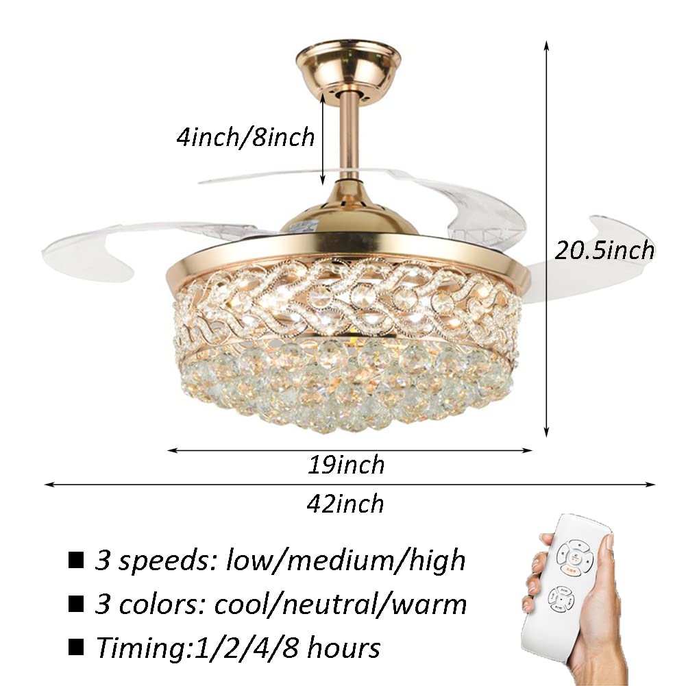 42 Inch Gold Crystal Ceiling Fan with LED Lights & Remote Control - Retractable Blades, 3 Speed Settings, 3 Color Temperatures - Elegant Chandelier Fan for Living Room, Bedroom & Dining Room