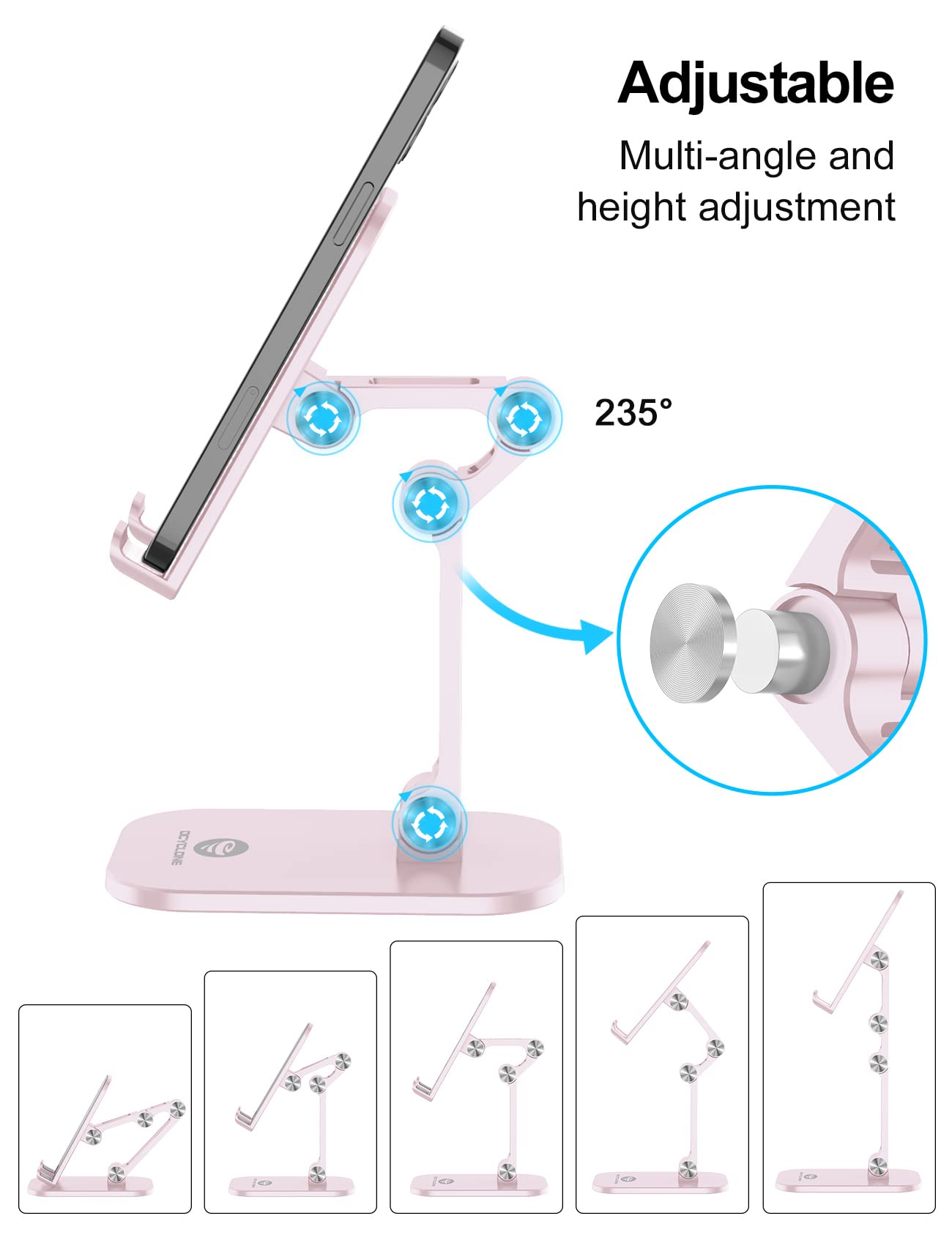 OCYCLONE Adjustable Height & Angle Phone Stand - Foldable Desk Holder for iPhone, iPad, Tablets (4-11 Inch) | Perfect for Home Office, Bedside, Kitchen & Travel - Pink