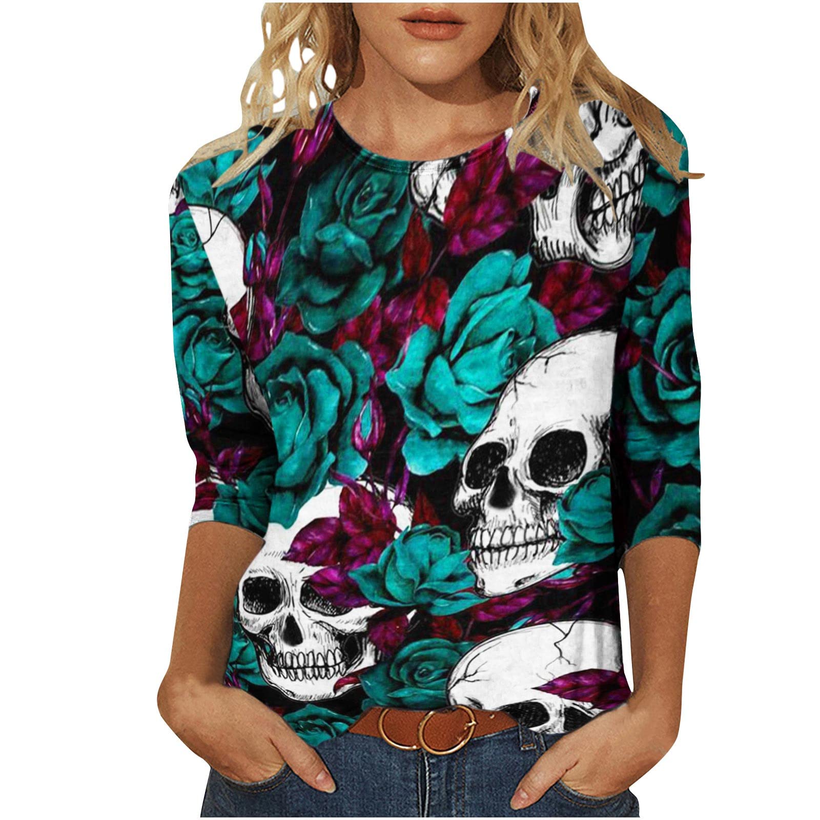 Halloween T-Shirts for Women 2023 | Casual Loose Fit 3/4 Sleeve Crewneck Blouse Pullover Tee | Perfect for Halloween Parties, Costume Contests & Spooky Season Outfits