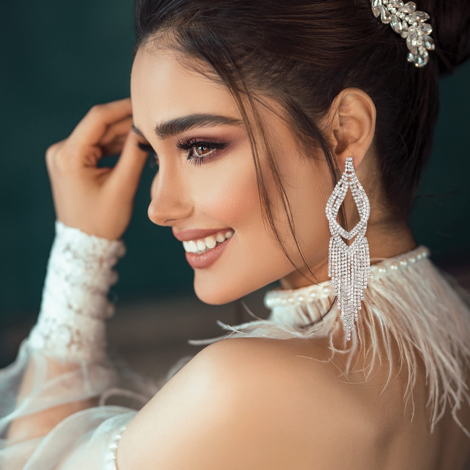 JeryWe 4 Pairs Non-Pierced Clip On Earrings for Women - Rhinestone Crystal Chandelier Drop Dangle Earrings Set in Silver Teardrop & Long Tassel Design - Perfect for Prom, Bridal, Wedding & Special Occasions