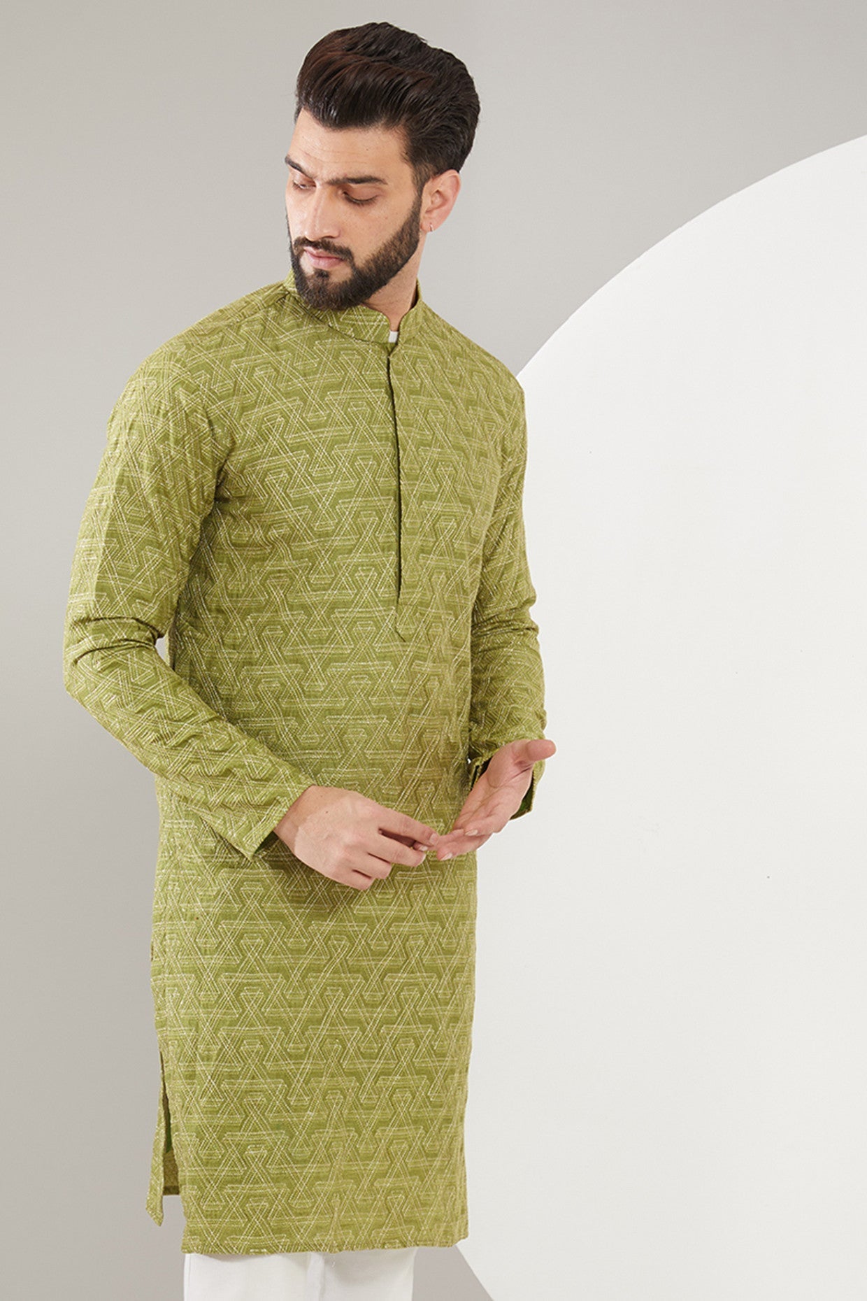 Mehndi Green Geometric Embroidered Kurta for Women - Elegant Traditional Indian Tunic Top for Festivals, Weddings & Casual Wear