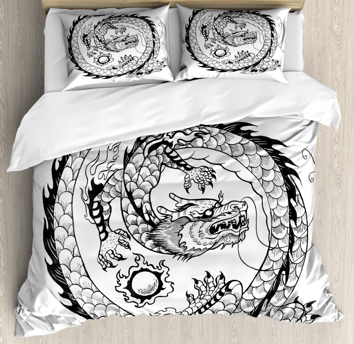 Ambesonne Japanese Dragon Duvet Cover Set - Queen Size 2-Piece Bedding with 4 Pillowcases, Black & White Swirl Folk Art Design for Modern & Traditional Bedrooms